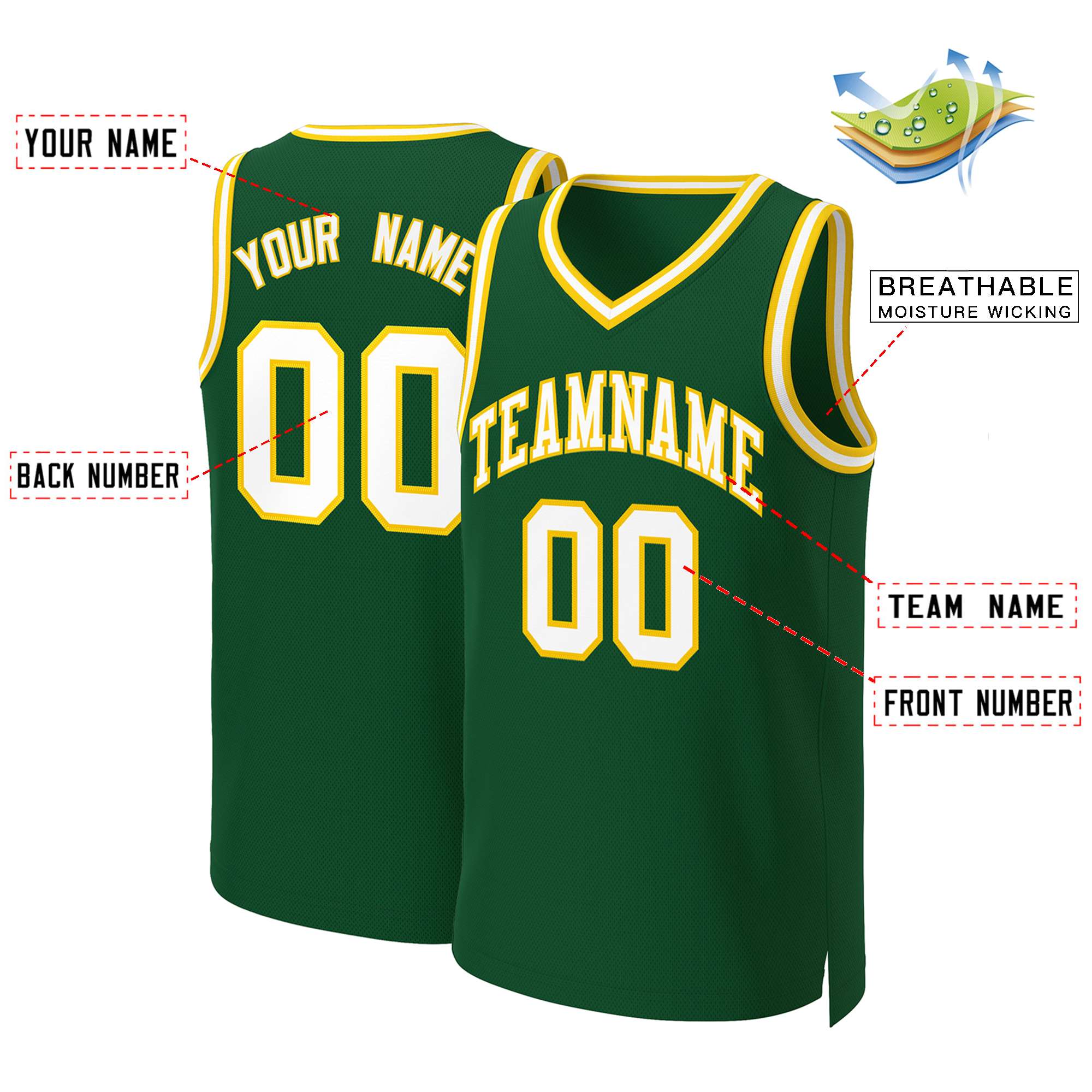 Maillot de basket-ball classique personnalisé vert blanc-or