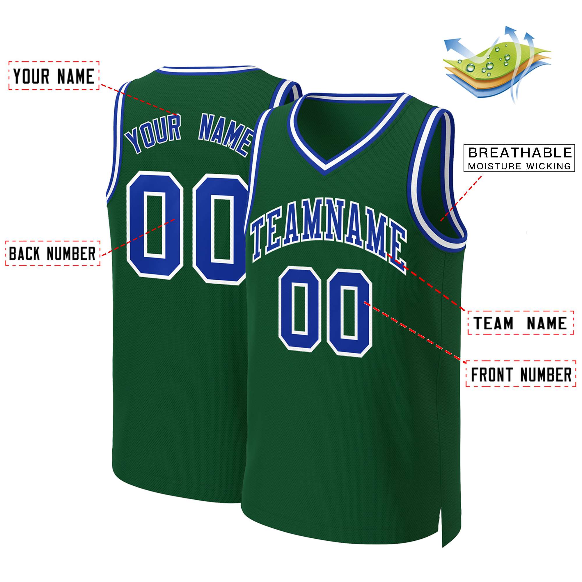 Maillot de basket-ball classique vert Royal-blanc personnalisé