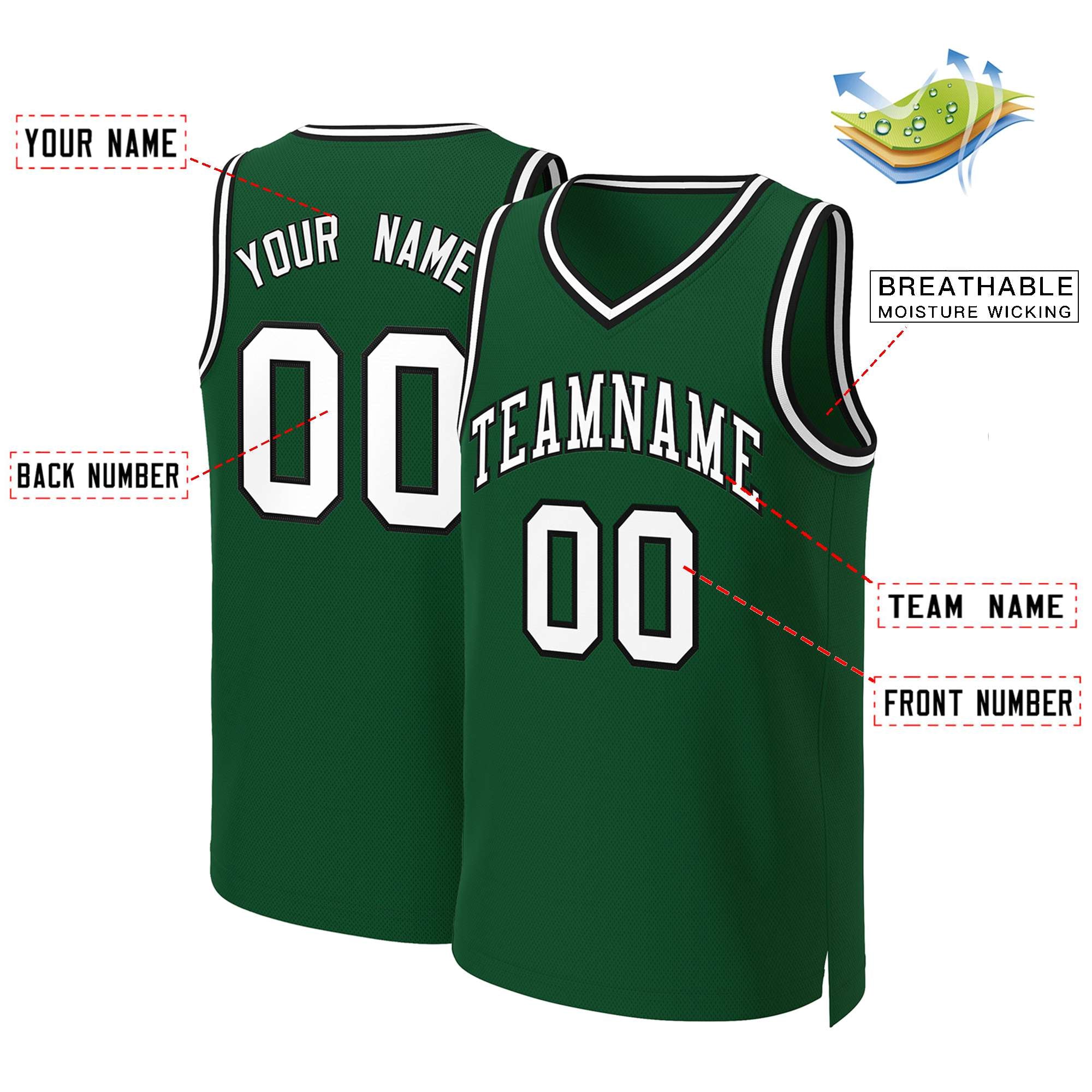 Maillot de basket-ball classique personnalisé vert blanc-noir