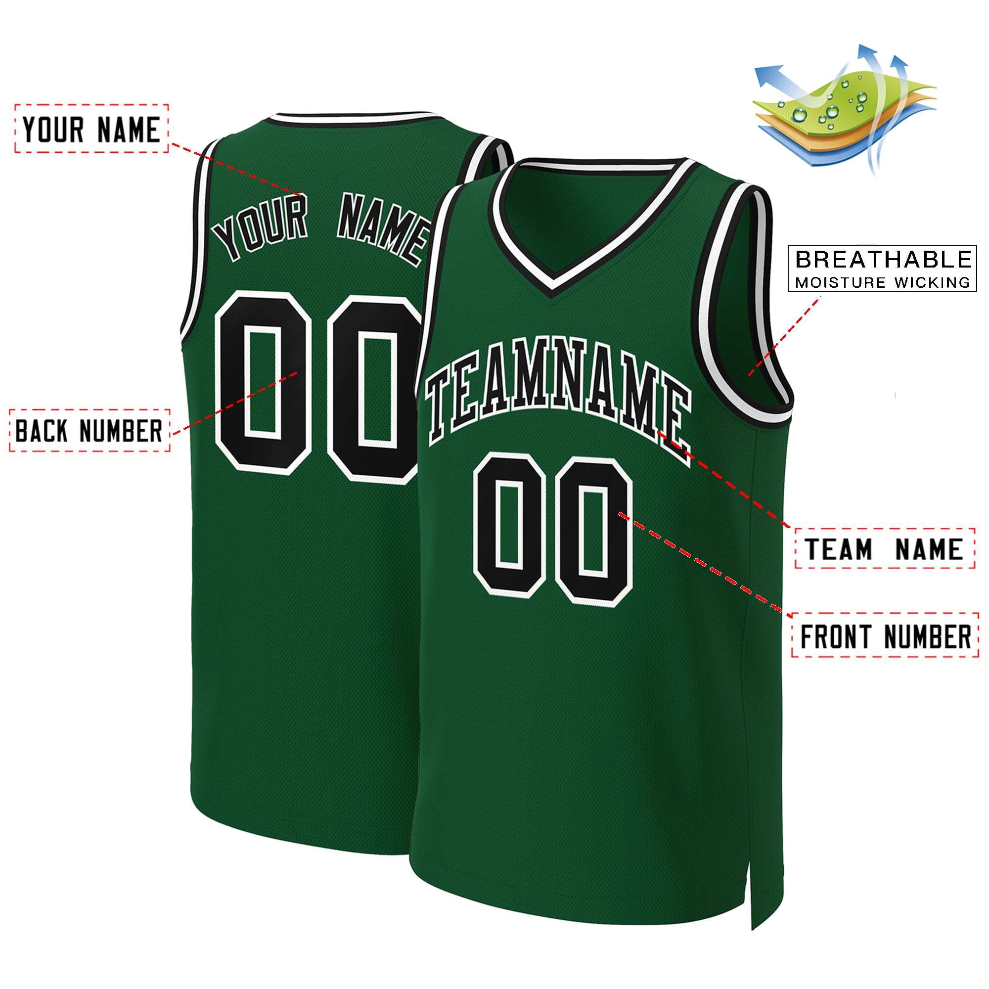 Maillot de basket-ball classique personnalisé vert noir-blanc