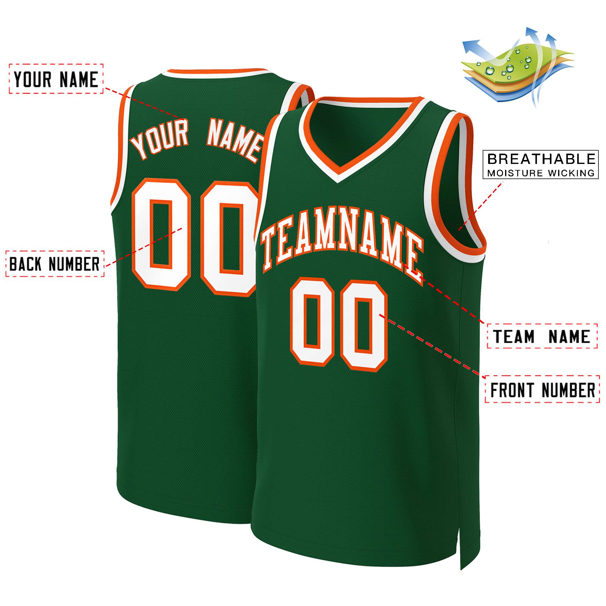 Maillot de basket-ball classique personnalisé vert blanc-Orange