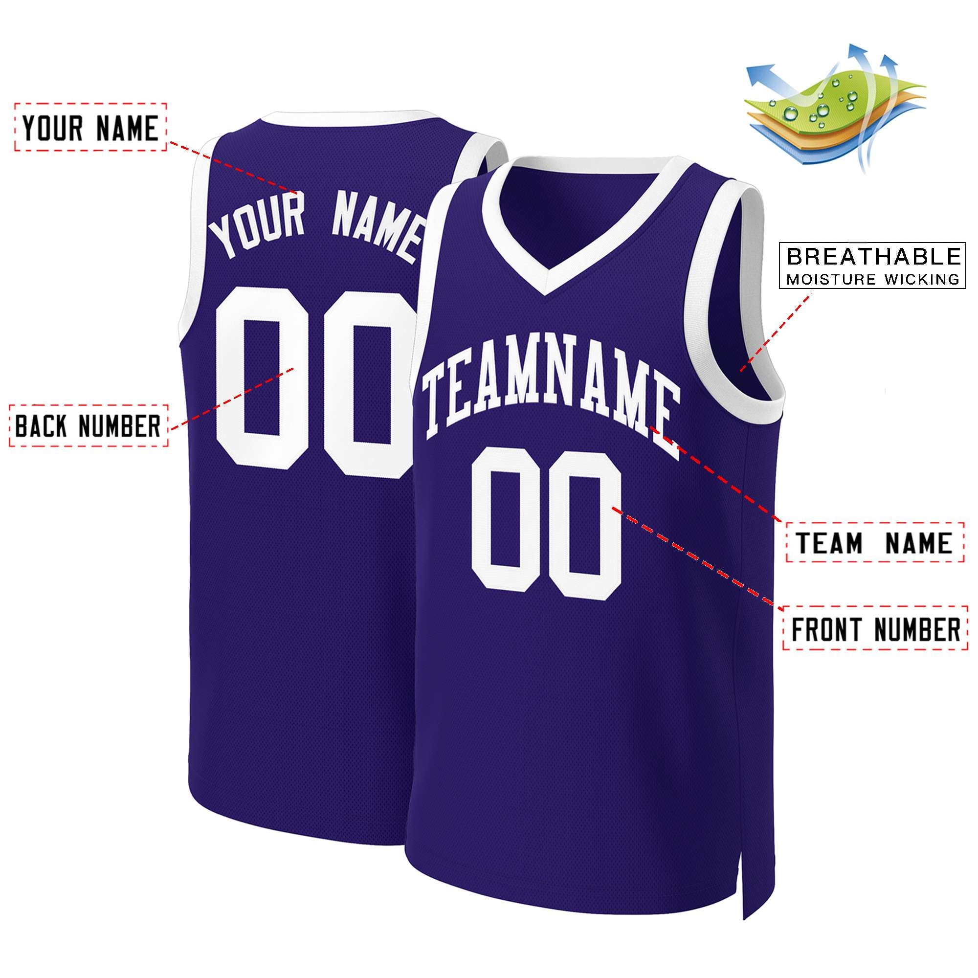 Maillot de basket-ball classique violet et blanc personnalisé