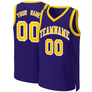 Maillot de basket-ball classique personnalisé violet or-blanc