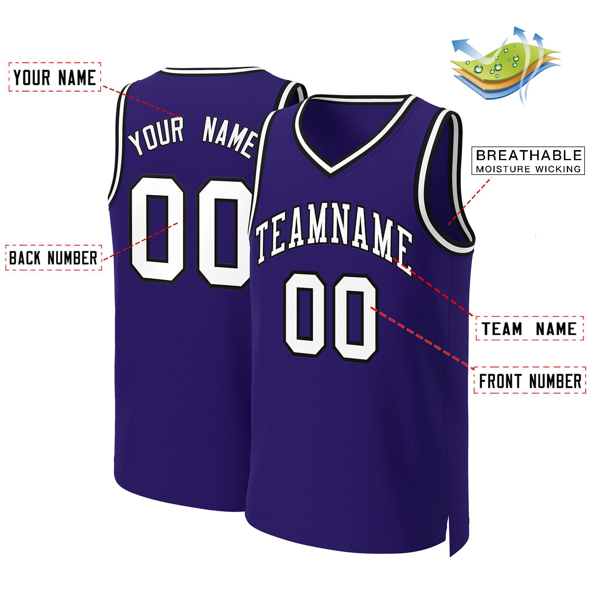 Maillot de basket-ball classique personnalisé violet blanc-noir