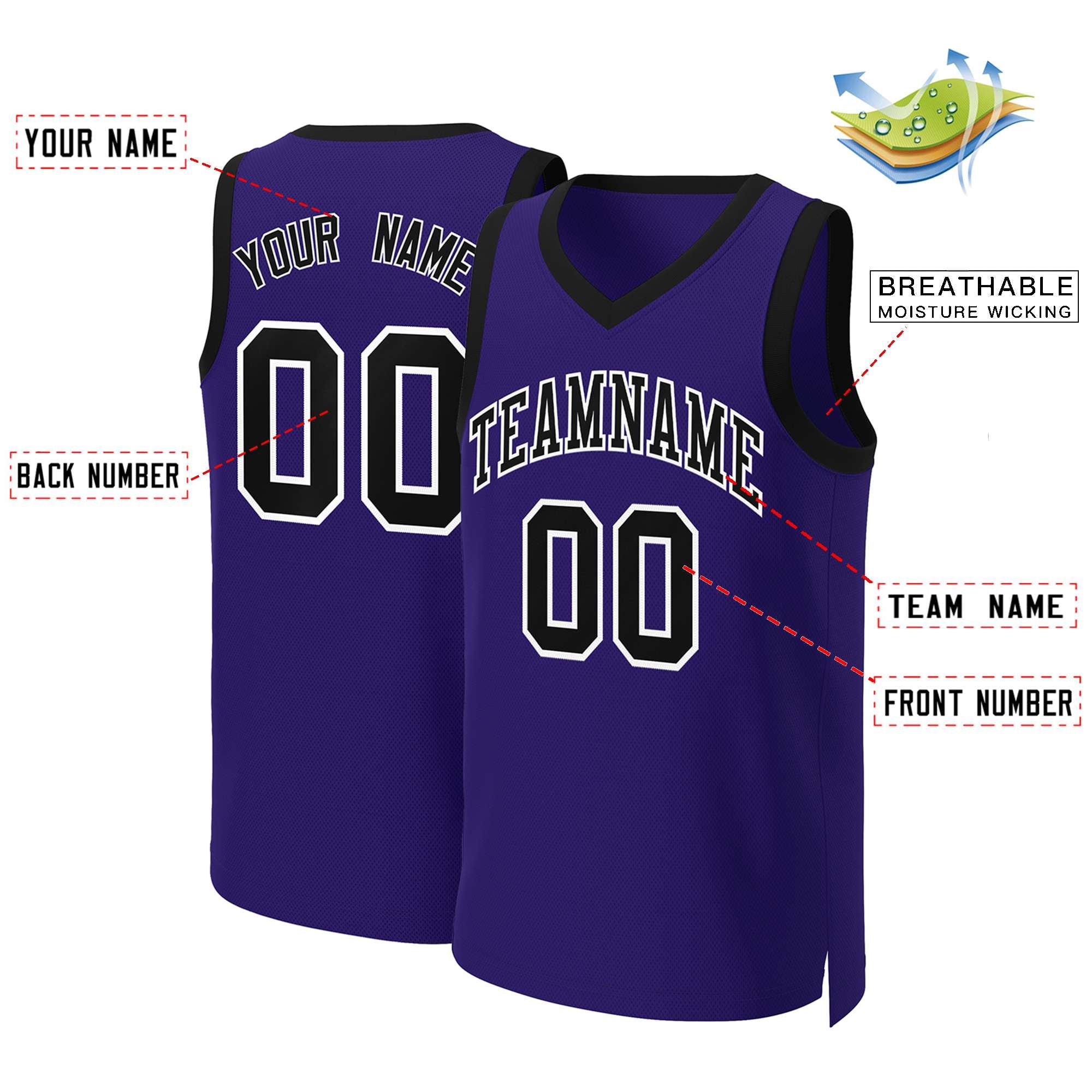 Maillot de basket-ball classique violet noir-blanc personnalisé