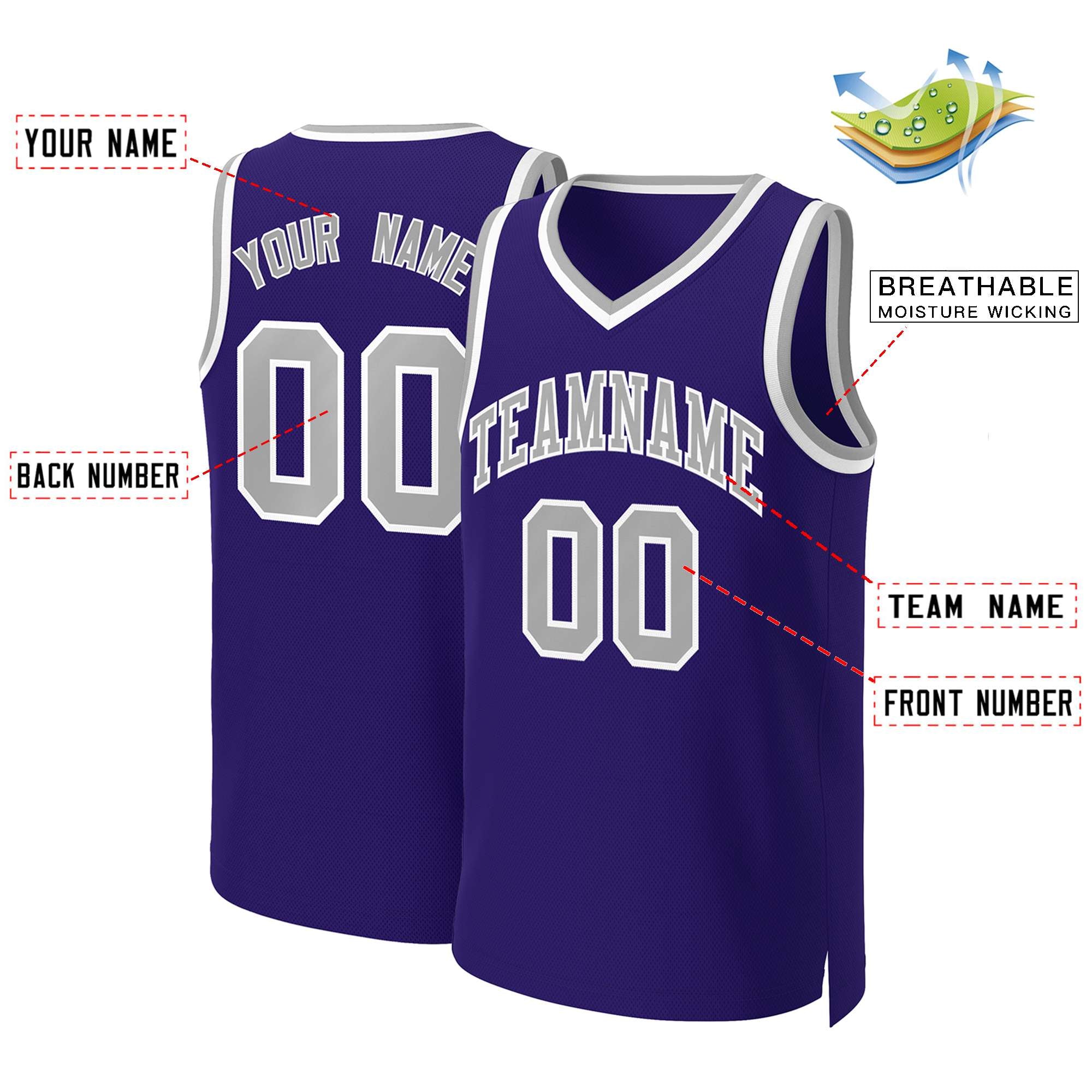 Maillot de basket-ball classique personnalisé violet gris-blanc