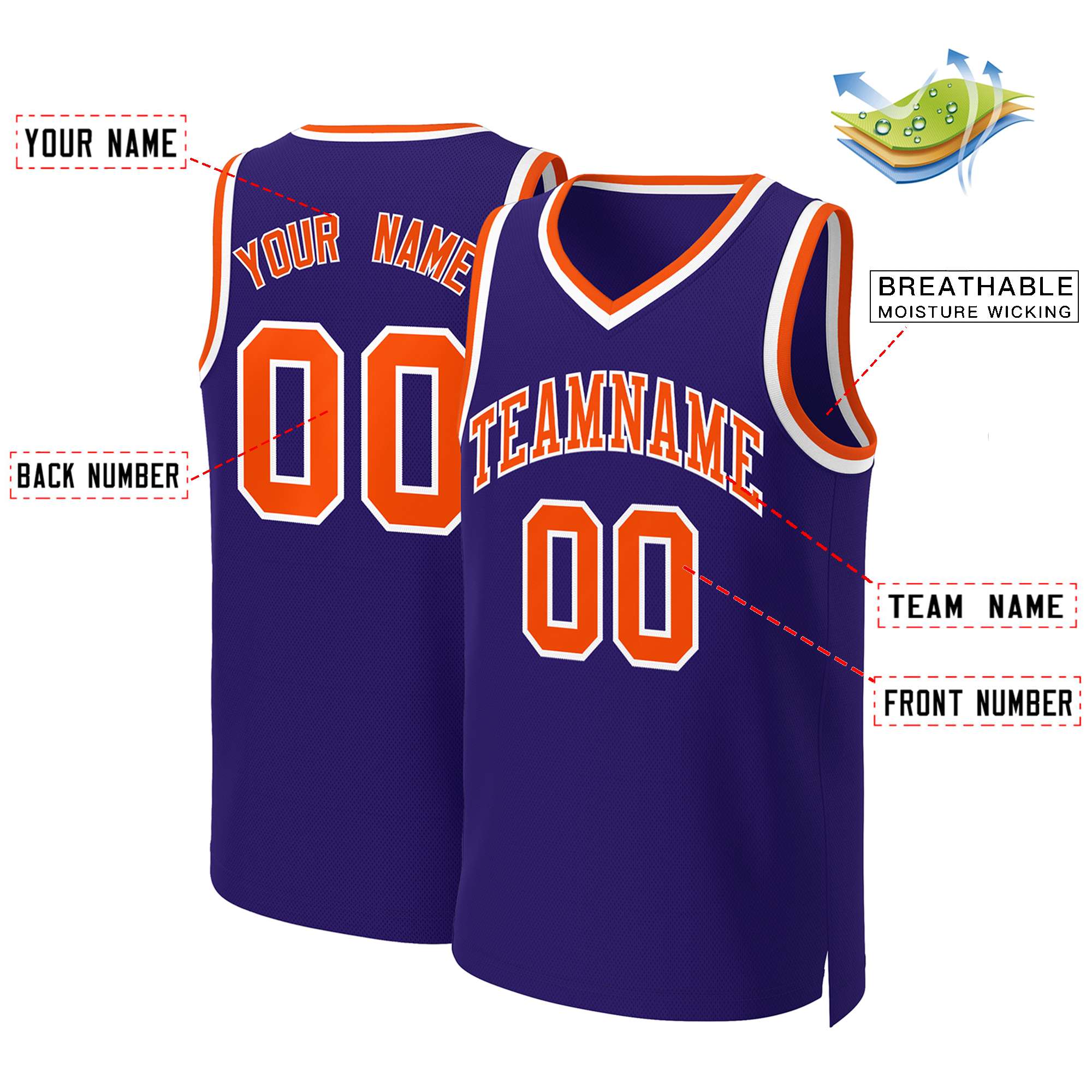 Maillot de basket-ball classique personnalisé violet orange-blanc