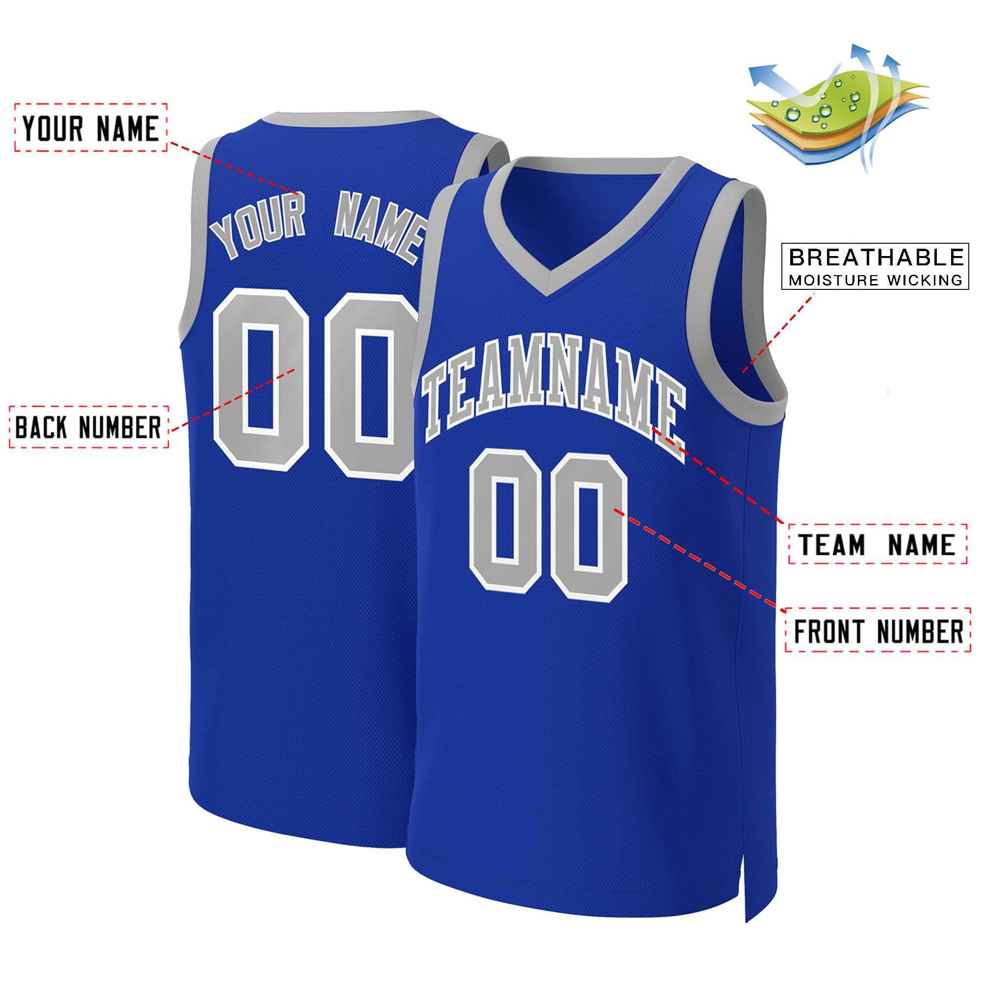 Maillot de basket-ball classique personnalisé Royal gris-blanc