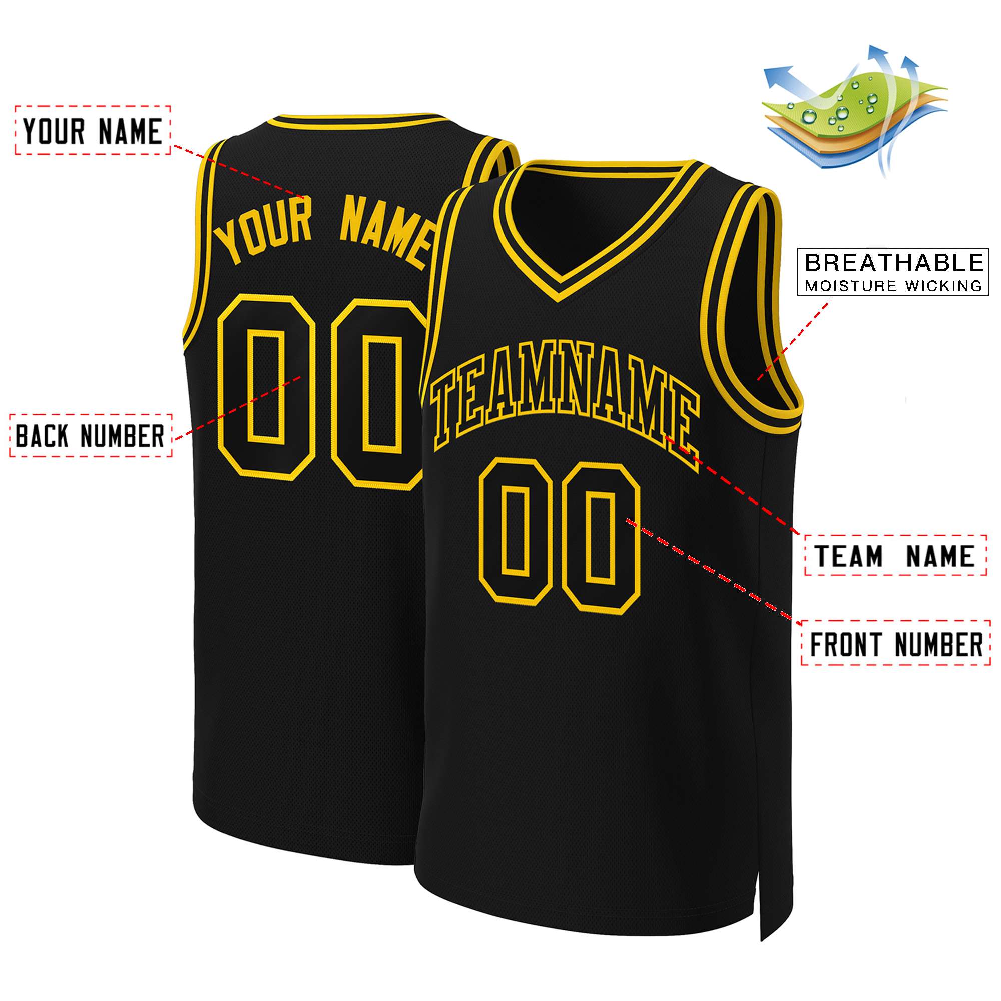 Maillot de basket-ball classique personnalisé noir noir-jaune