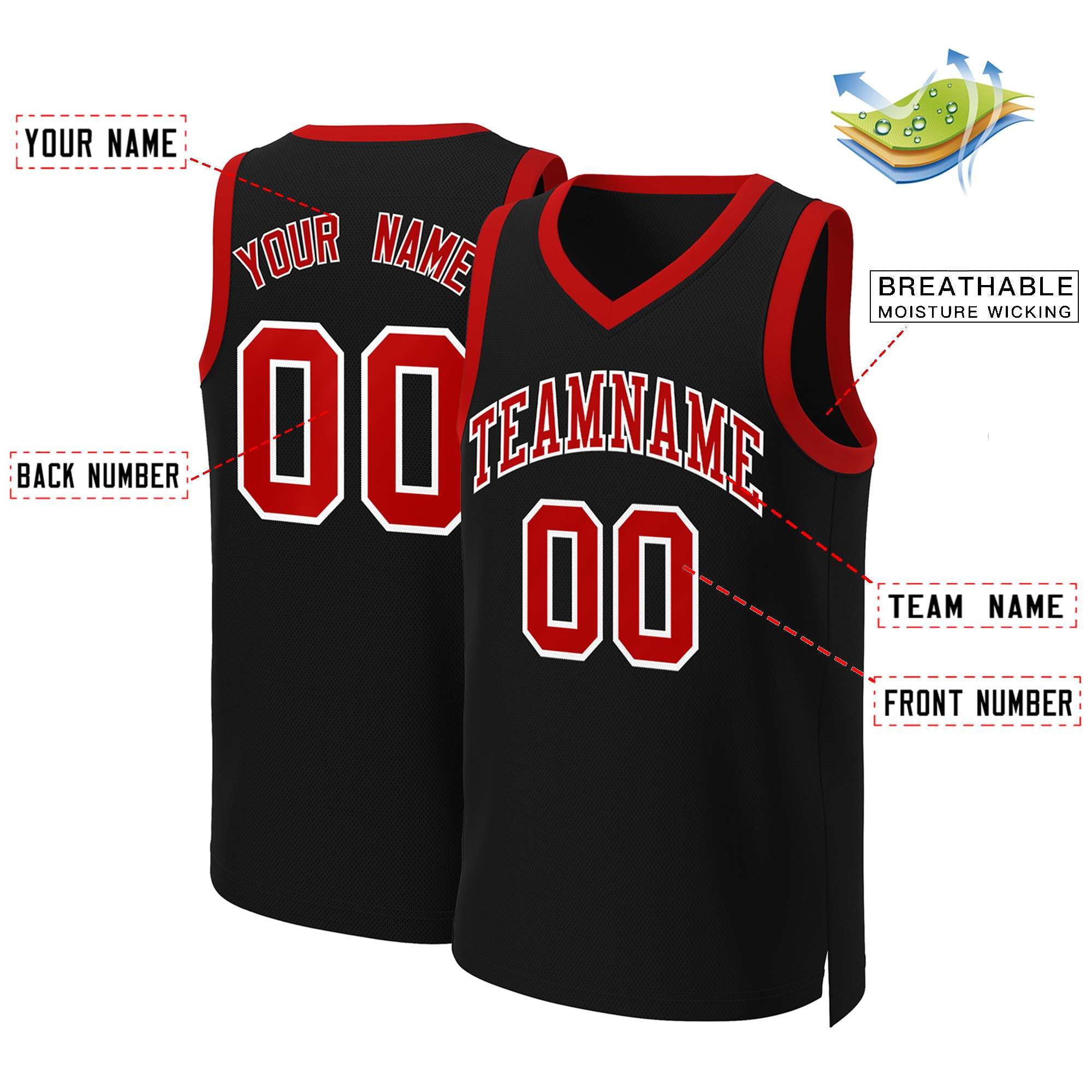 Maillot de basket-ball classique personnalisé noir rouge-blanc