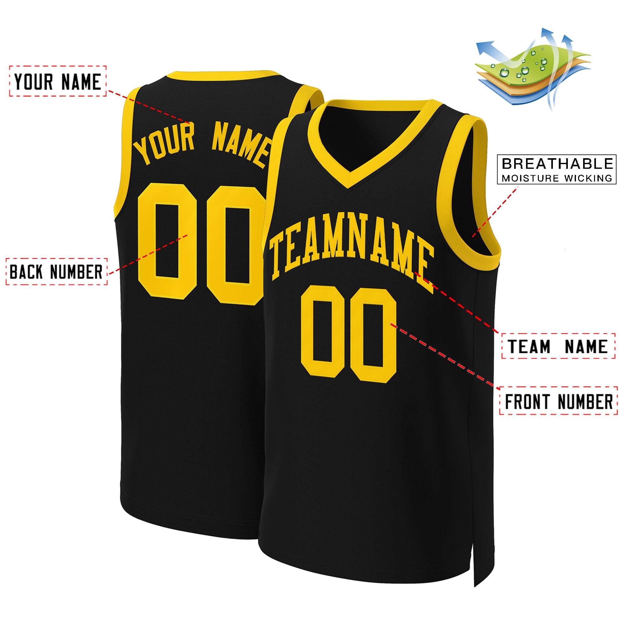 Maillot de basket-ball classique jaune noir personnalisé