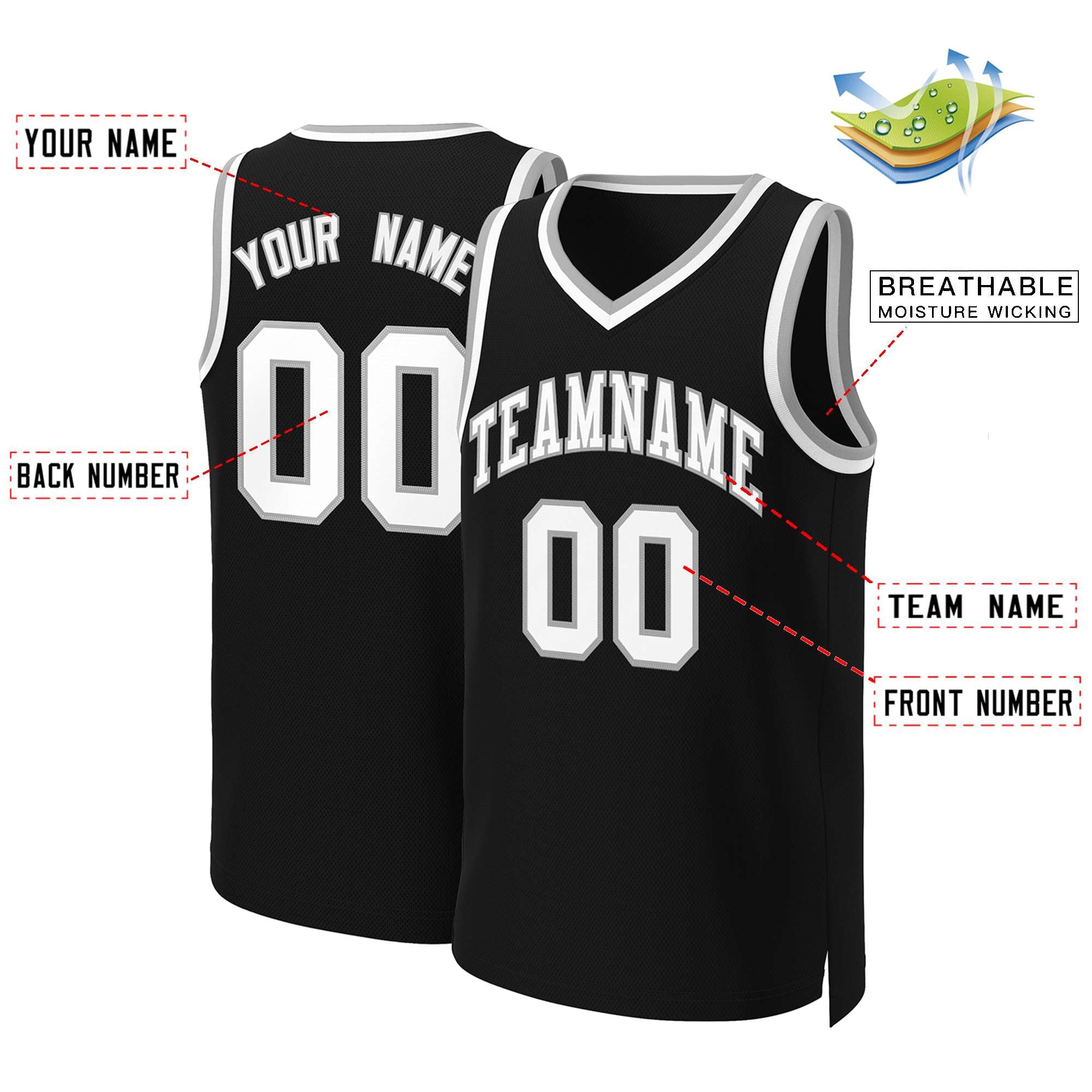 Maillot de basket-ball classique personnalisé noir blanc-gris