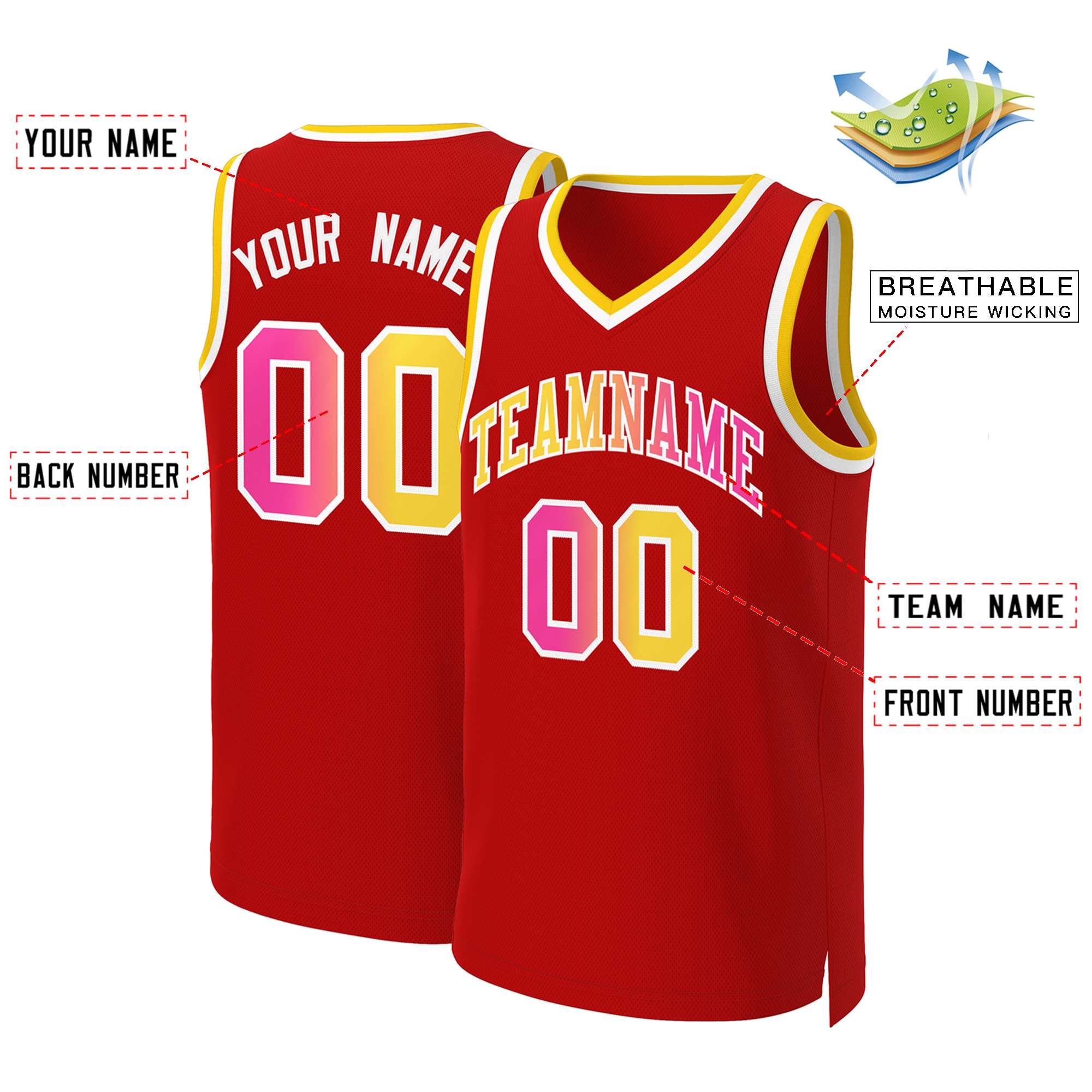 Maillot de basket-ball personnalisé, haut à la mode, dégradé classique, rouge, jaune et blanc