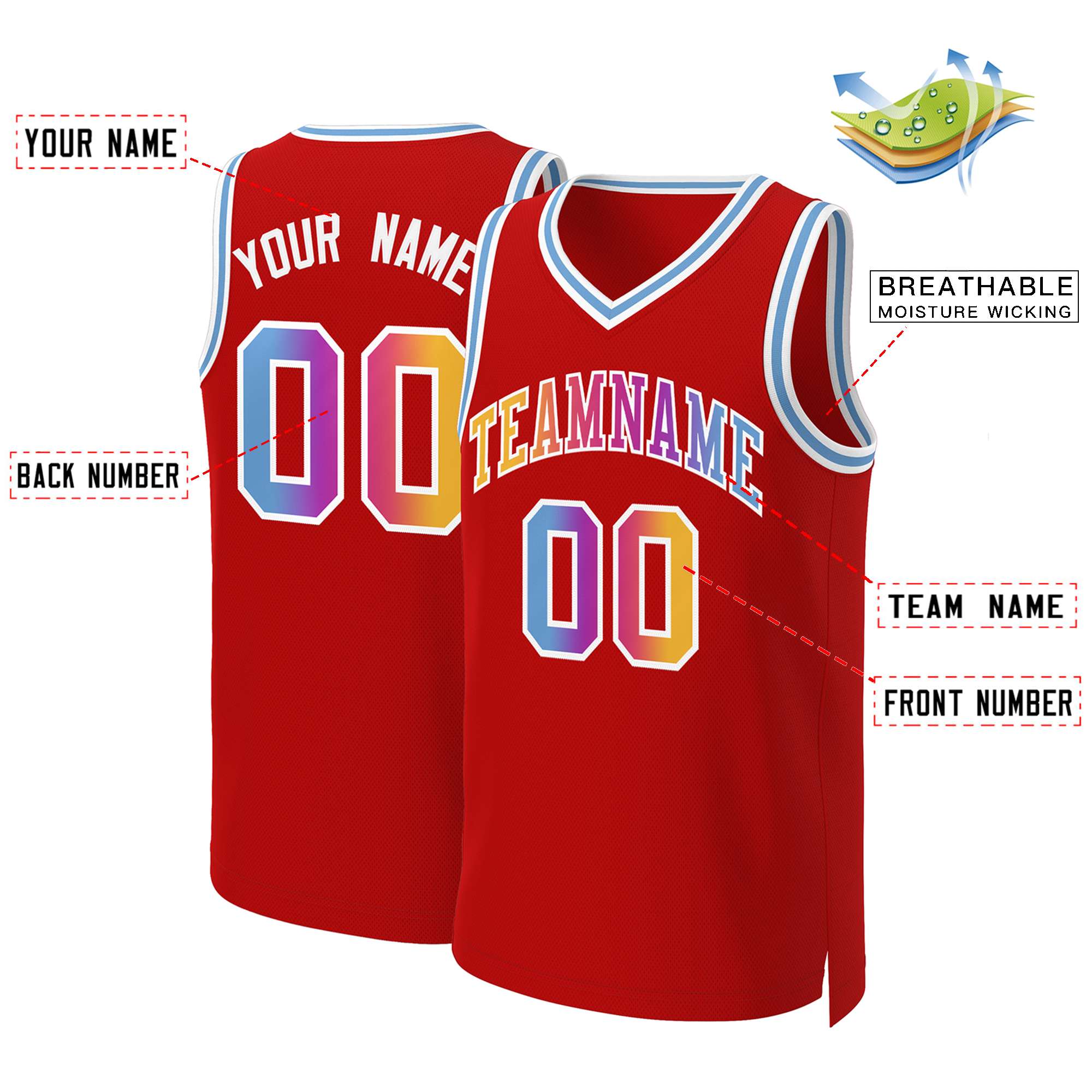 Maillot de basket-ball personnalisé, haut à la mode, dégradé classique, rouge, jaune et blanc