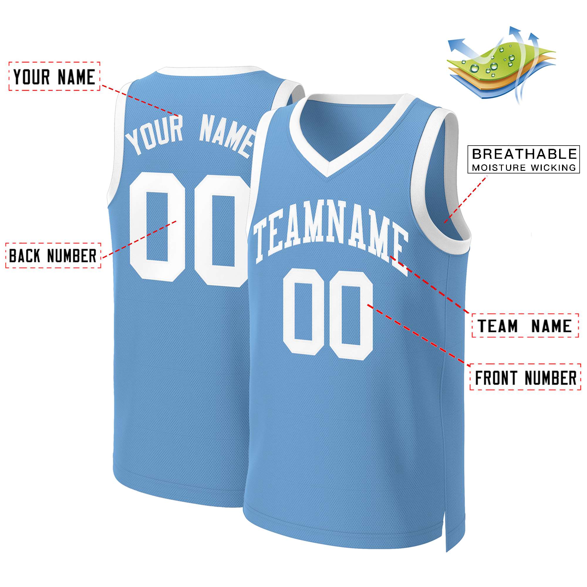 Maillot de basket-ball classique bleu clair et blanc personnalisé