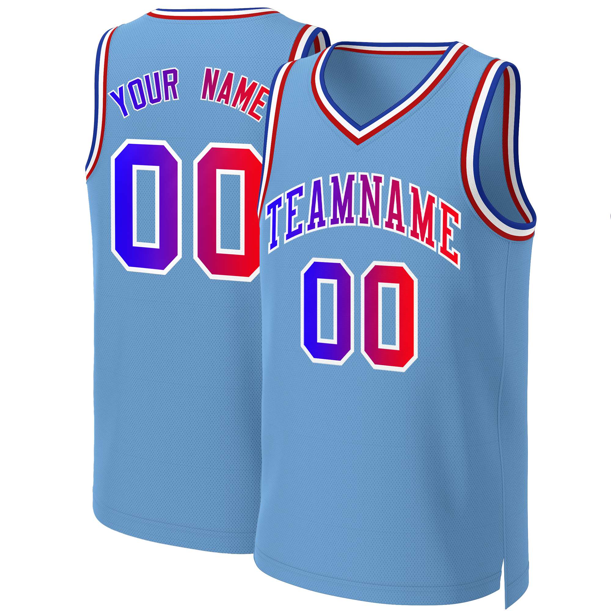 Maillot de basket-ball classique personnalisé, bleu clair, bleu-blanc