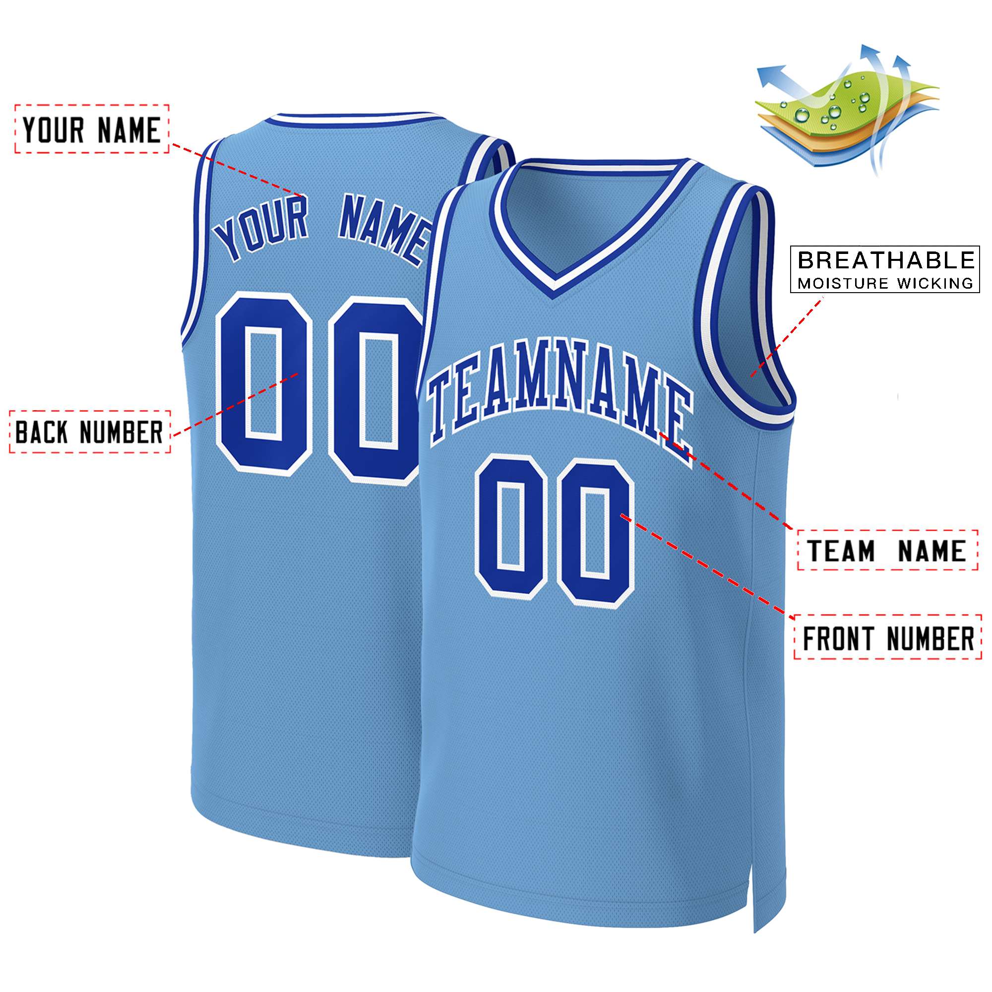 Maillot de basket-ball classique personnalisé bleu clair Royal-blanc