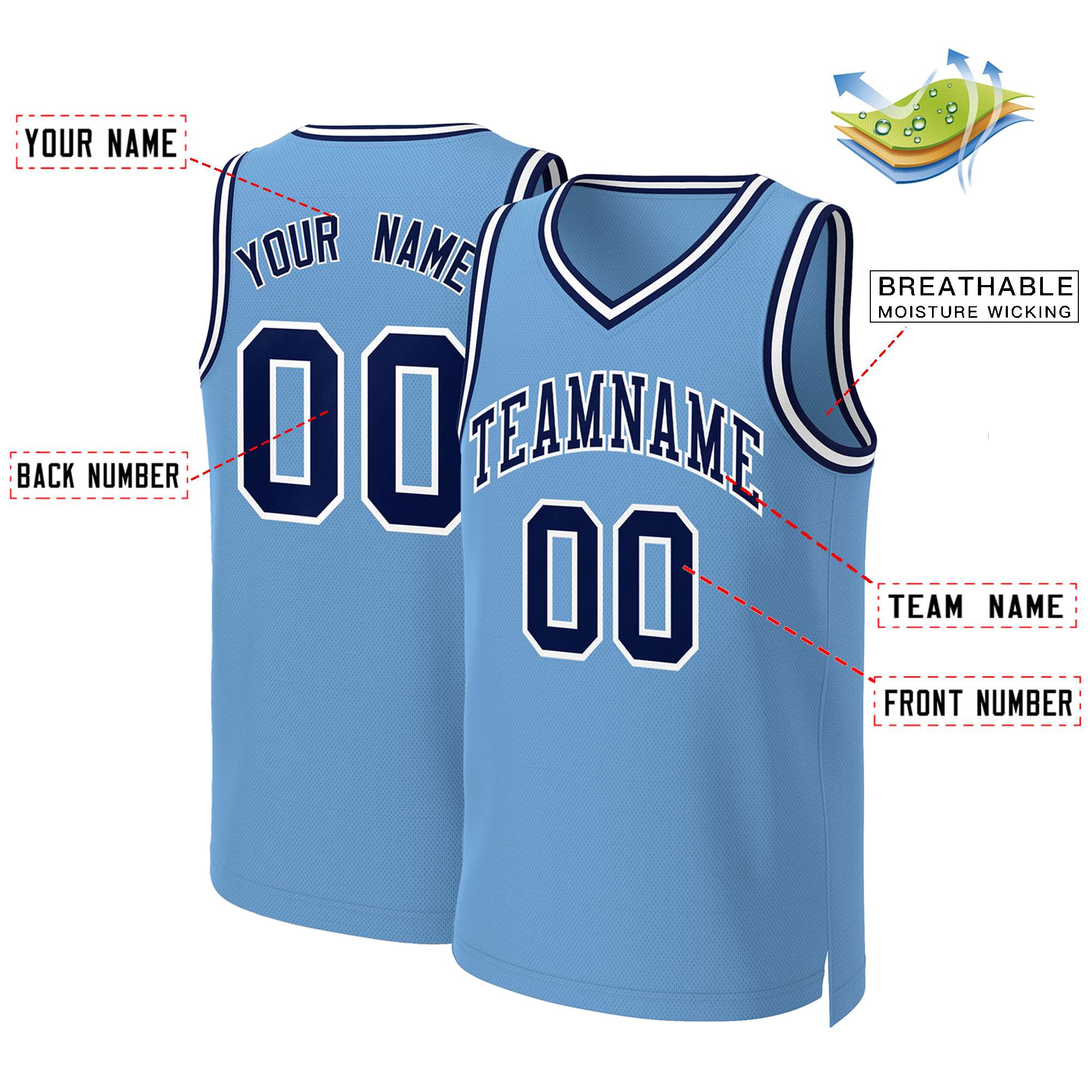 Maillot de basket-ball classique personnalisé, bleu clair, bleu marine et blanc