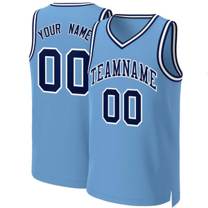 Maillot de basket-ball classique personnalisé, bleu clair, bleu marine et blanc