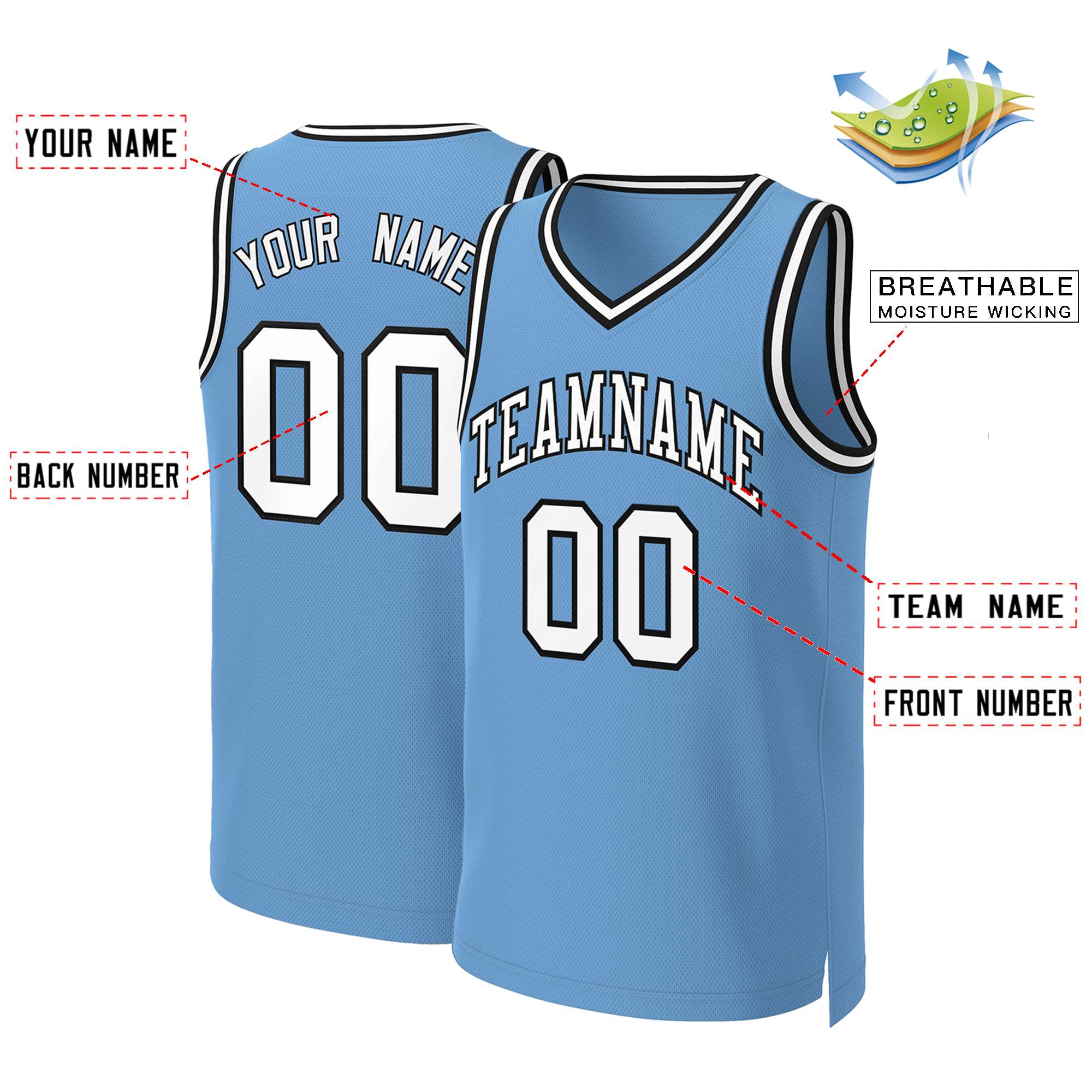 Maillot de basket-ball classique personnalisé, bleu clair, blanc et noir