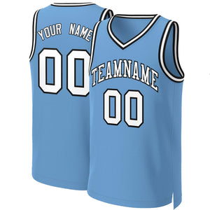 Maillot de basket-ball classique personnalisé, bleu clair, blanc et noir