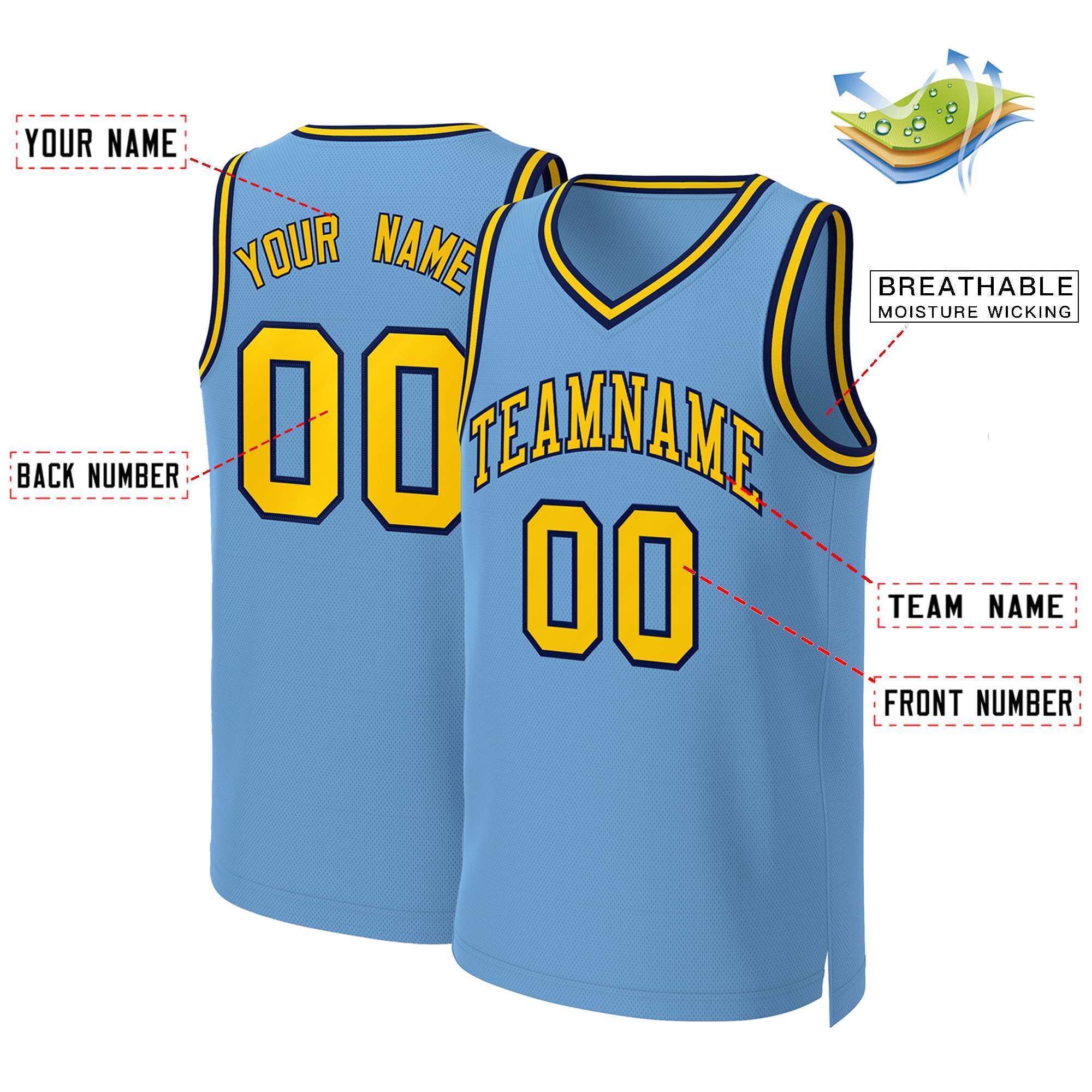 Maillot de basket-ball classique personnalisé bleu clair jaune-marine