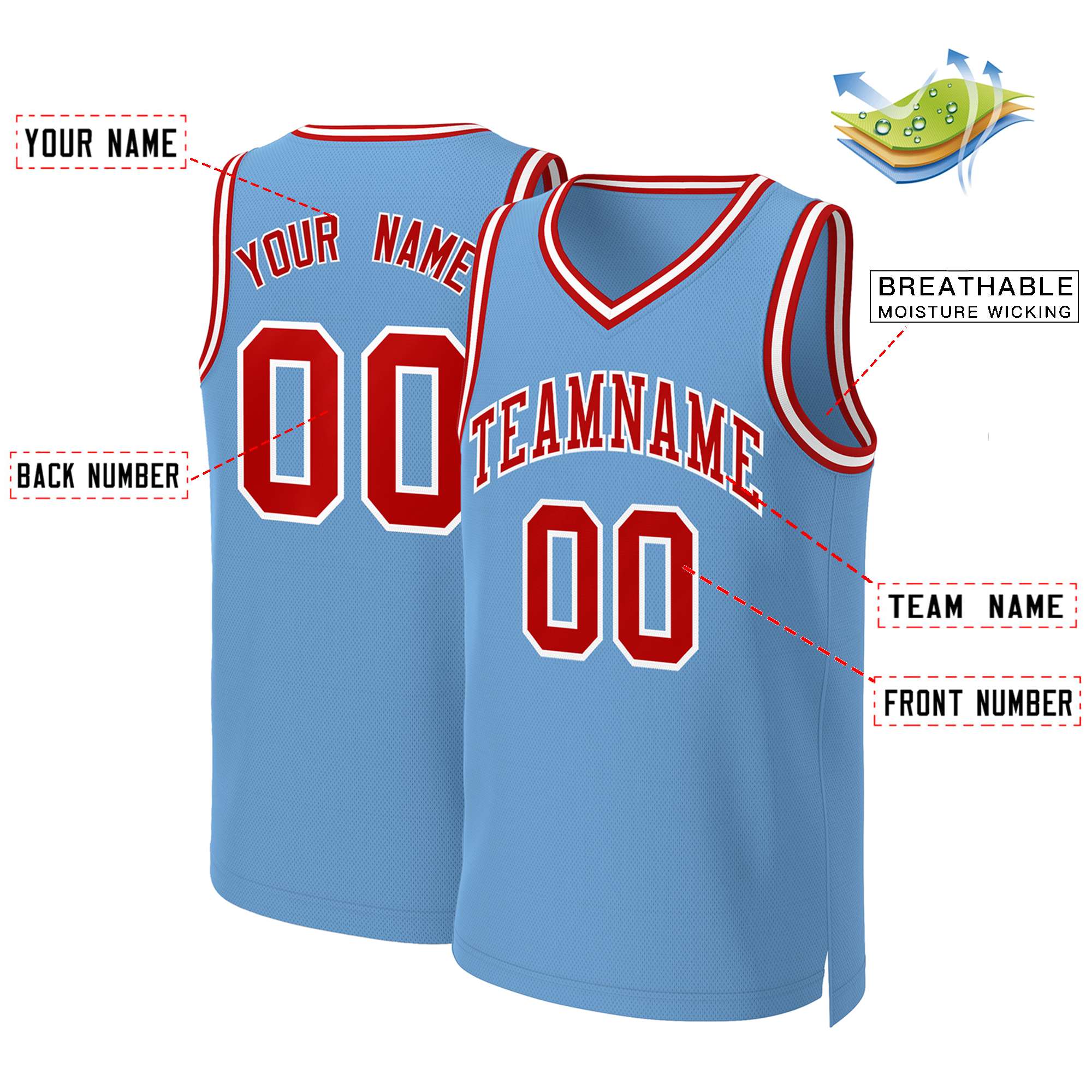 Maillot de basket-ball classique personnalisé, bleu clair, rouge et blanc