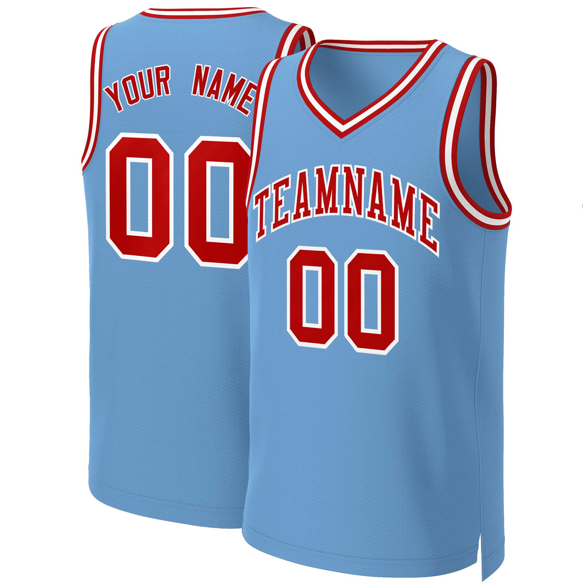 Maillot de basket-ball classique personnalisé, bleu clair, rouge et blanc