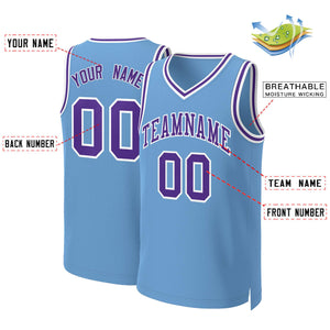 Maillot de basket-ball classique personnalisé, bleu clair, violet-blanc