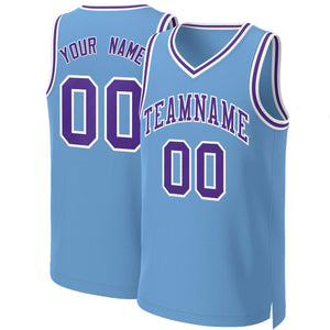 Maillot de basket-ball classique personnalisé, bleu clair, violet-blanc