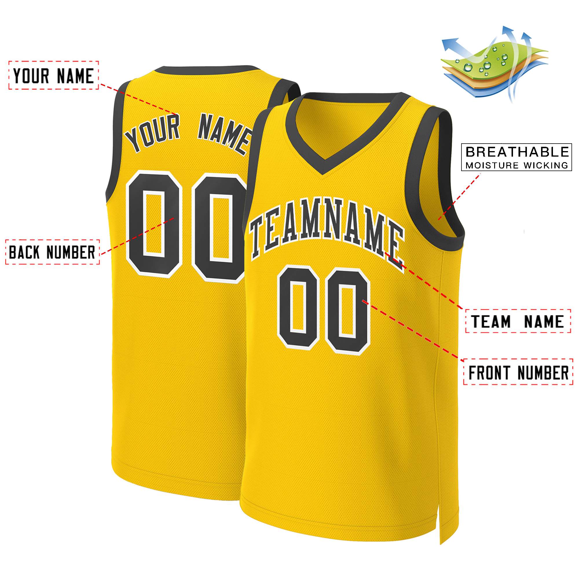 Maillot de basket-ball classique personnalisé jaune noir-blanc