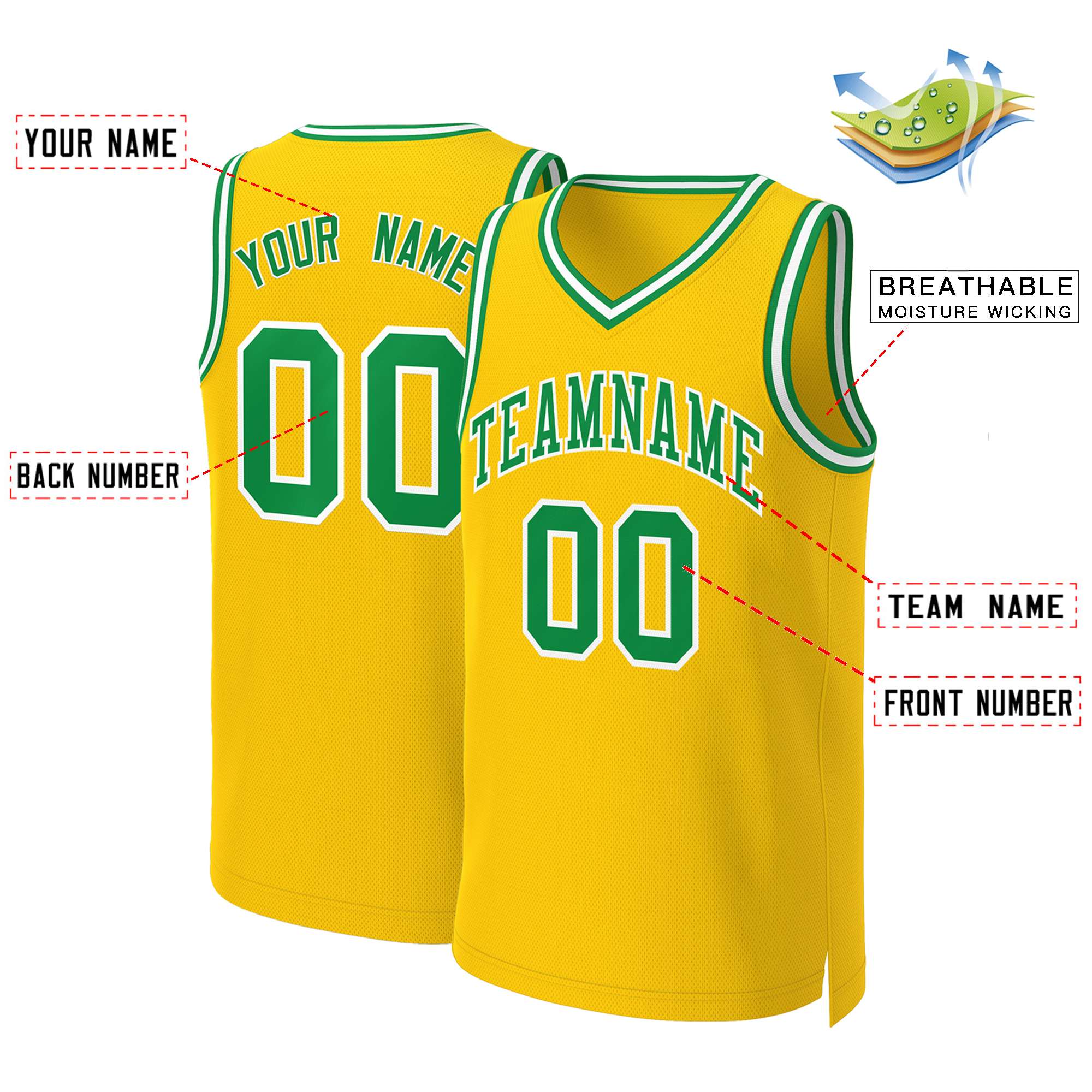 Maillot de basket-ball classique jaune Kelly vert-blanc personnalisé