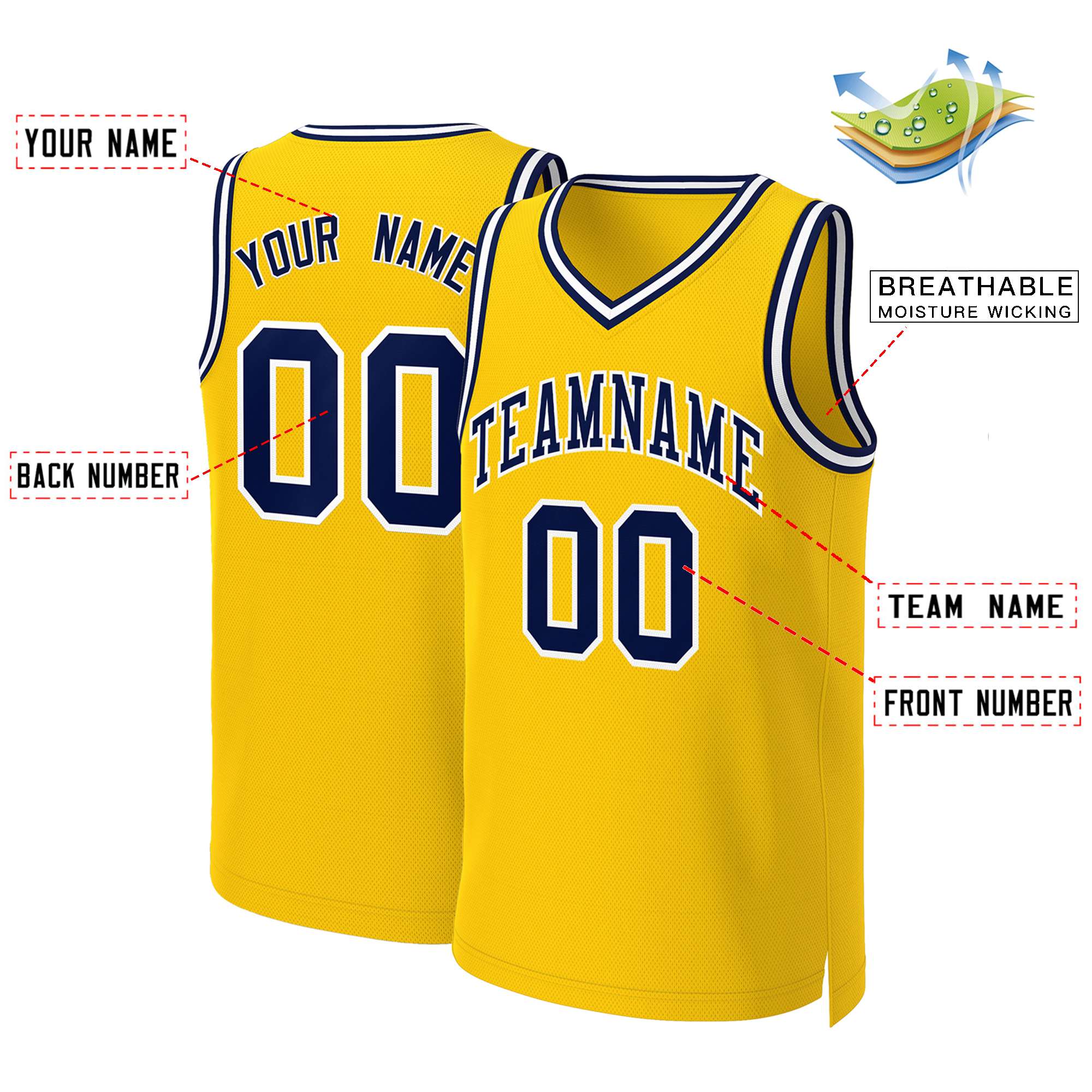 Maillot de basket-ball classique jaune marine-blanc personnalisé