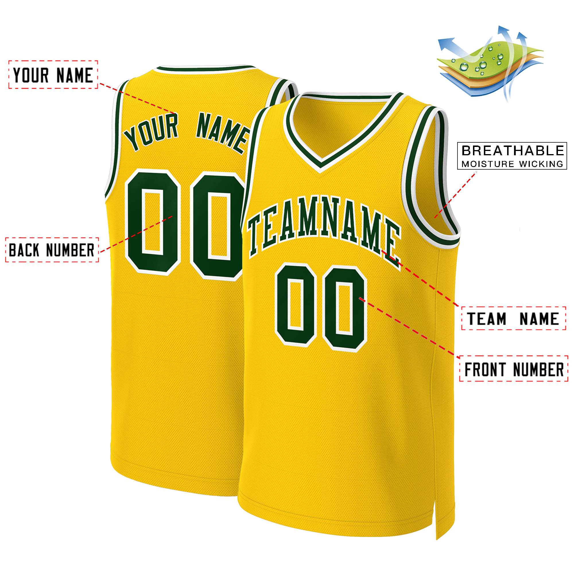 Maillot de basket-ball classique personnalisé jaune vert-blanc