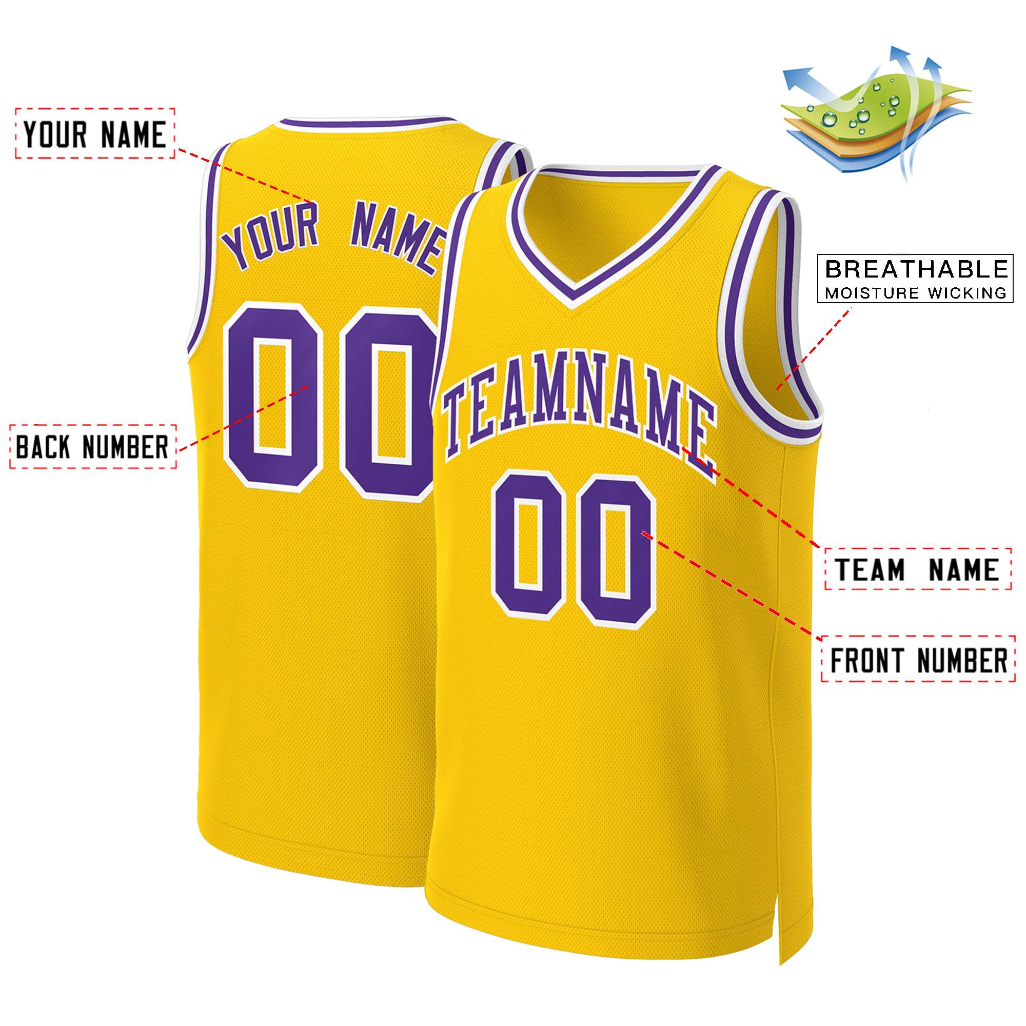 Maillot de basket-ball classique personnalisé jaune violet-blanc