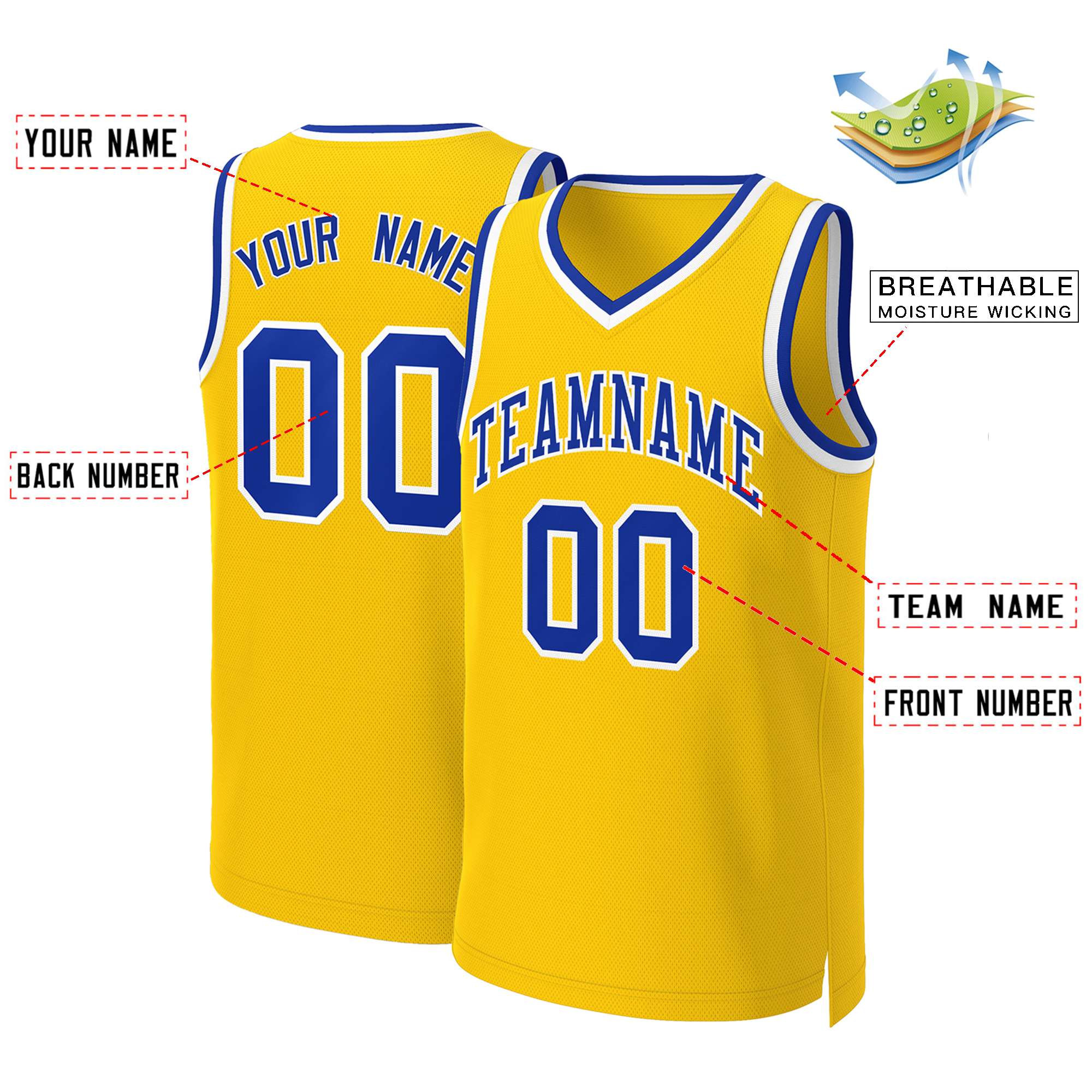 Maillot de basket-ball classique jaune Royal-blanc personnalisé