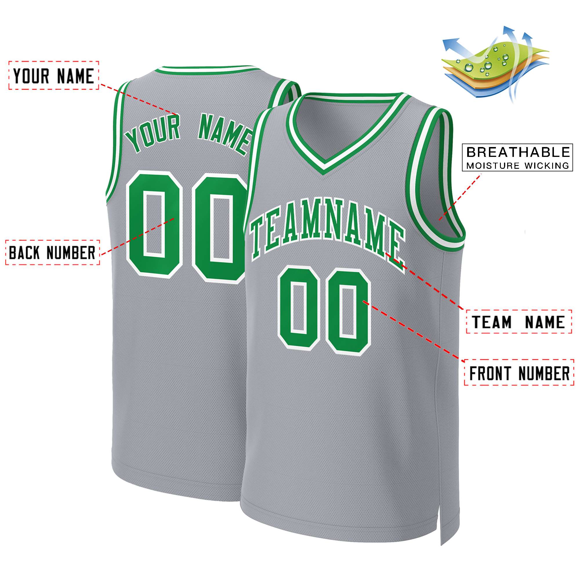 Custom Gray Kelly Green-White Classic Tops Basketball Jersey