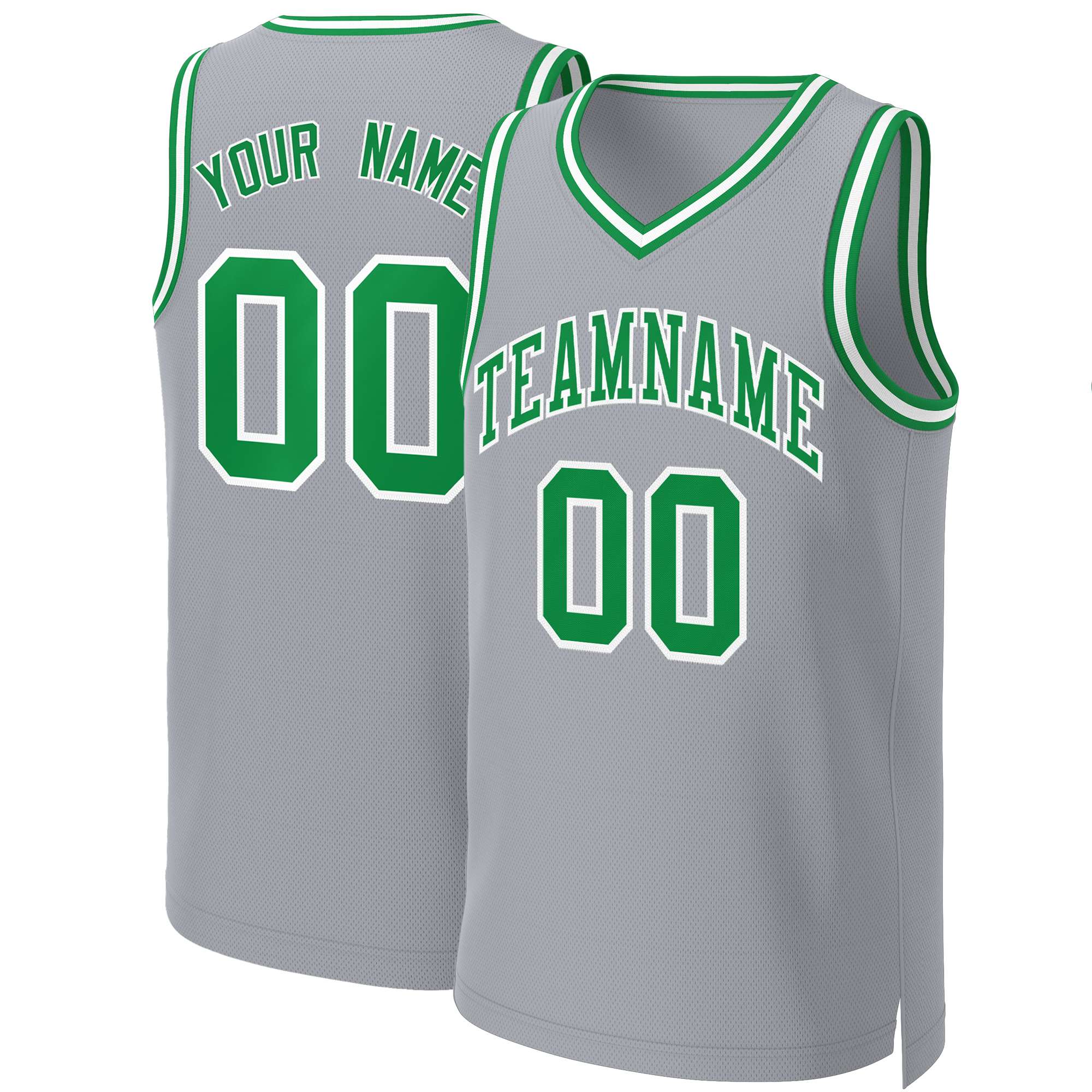 Maillot de basket-ball classique gris Kelly vert-blanc personnalisé