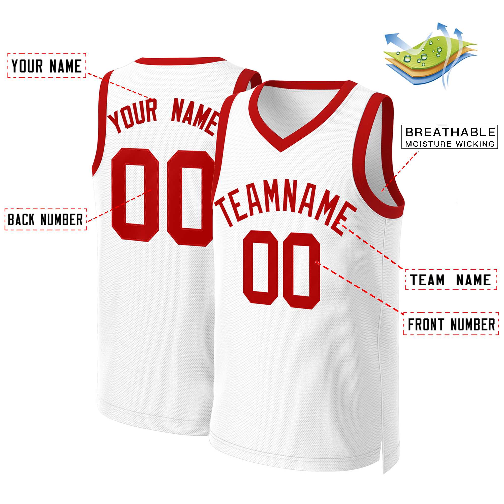 Maillot de basket-ball classique blanc rouge personnalisé