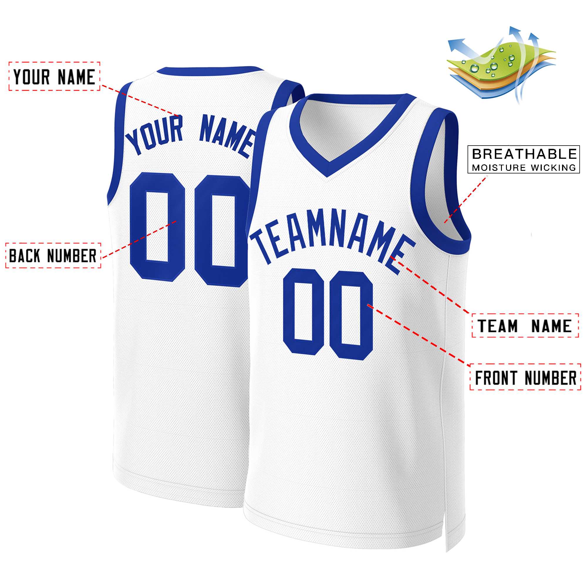 Maillot de basket-ball Royal Classic blanc personnalisé