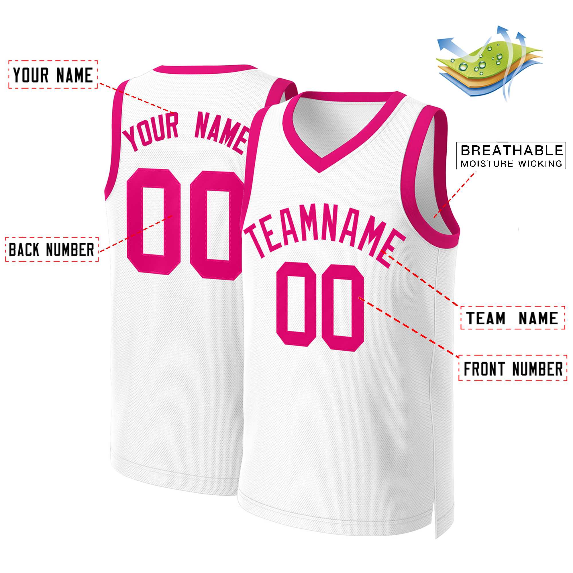 Maillot de basket-ball classique rose blanc personnalisé