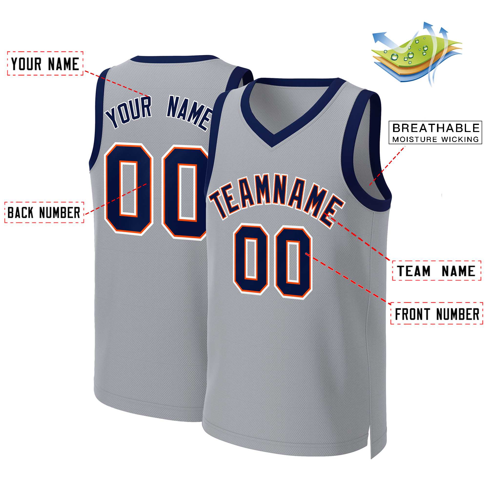 Custom Gray Navy-Orange Classic Tops Basketball Jersey