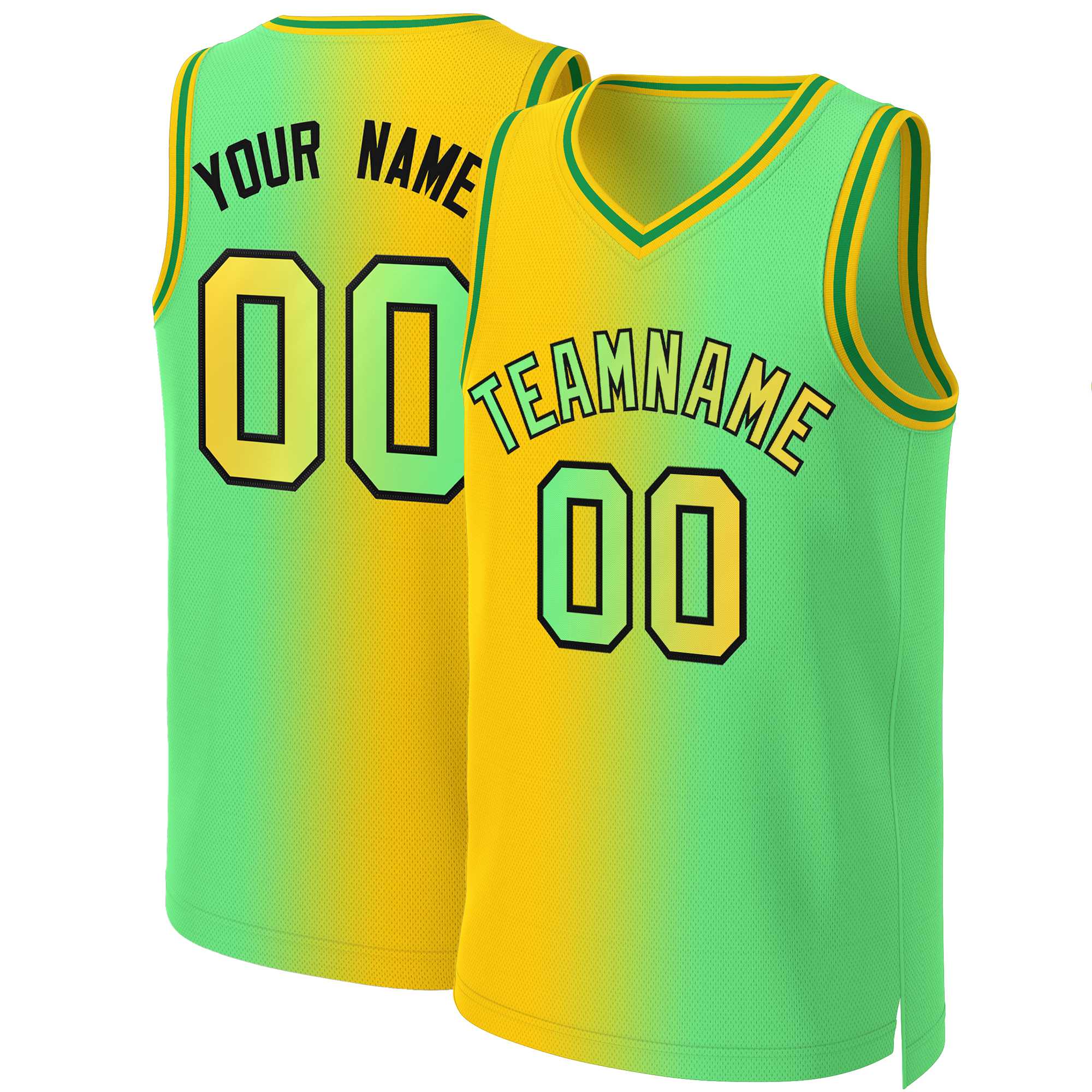 Maillot de basket-ball personnalisé jaune néon vert-noir dégradé, hauts à la mode