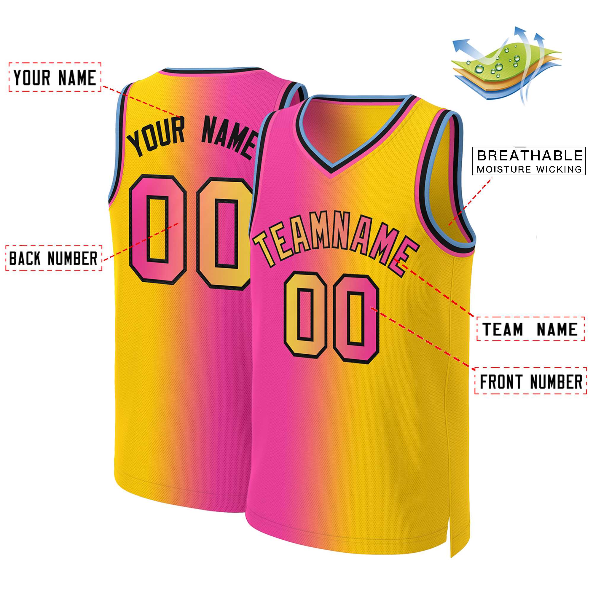 Maillot de basket-ball personnalisé, dégradé rose jaune-noir, hauts à la mode