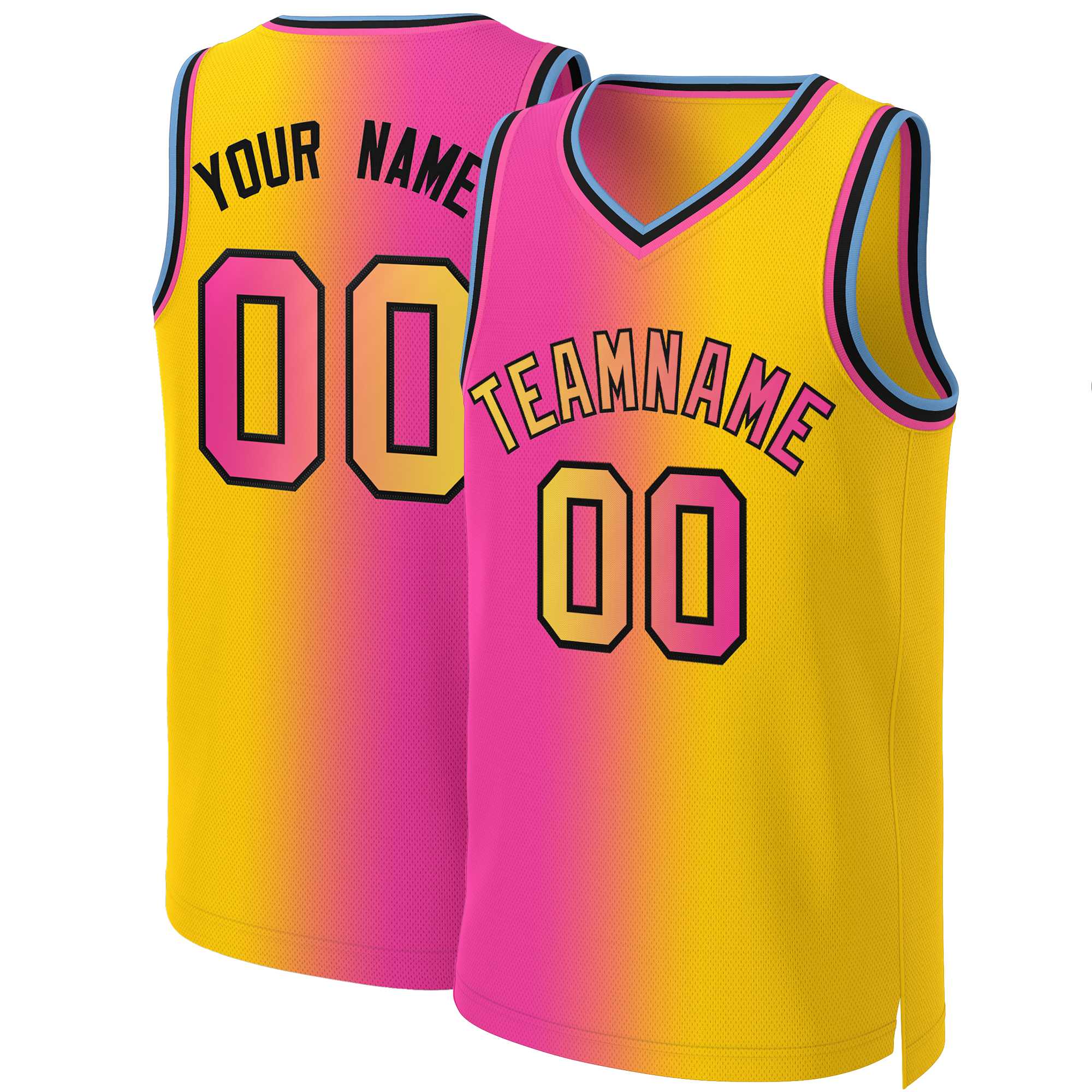 Maillot de basket-ball personnalisé, dégradé rose jaune-noir, hauts à la mode