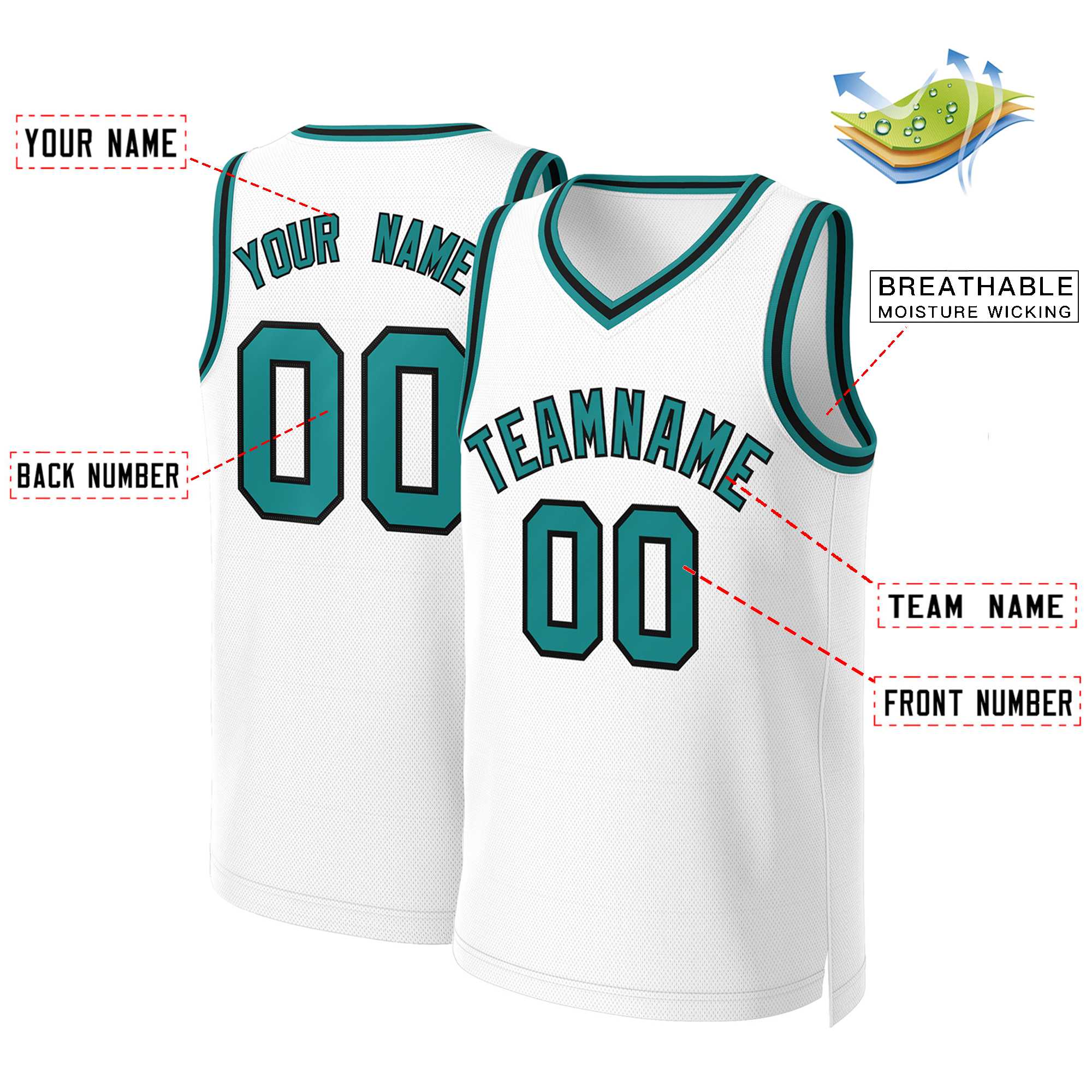 Custom White Teal-Black Classic Tops Basketball Jersey