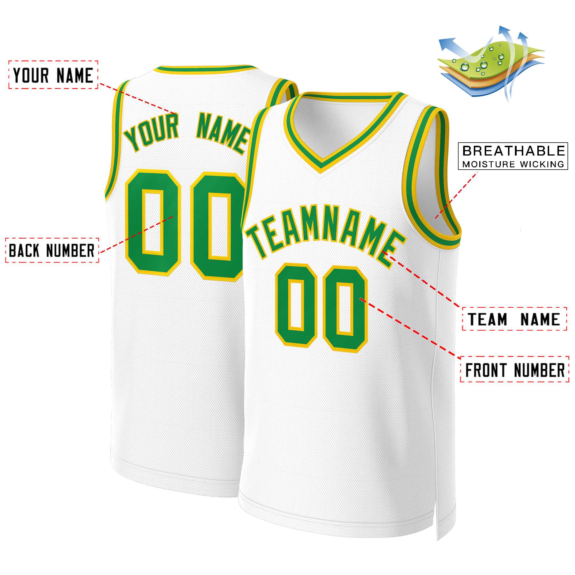 Custom White Green-Yellow Classic Tops Basketball Jersey