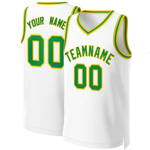 Maillot de basket-ball classique personnalisé blanc vert-jaune