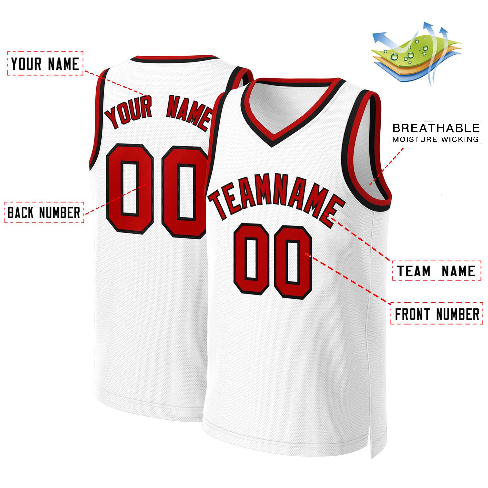 Maillot de basket-ball classique personnalisé blanc rouge-noir