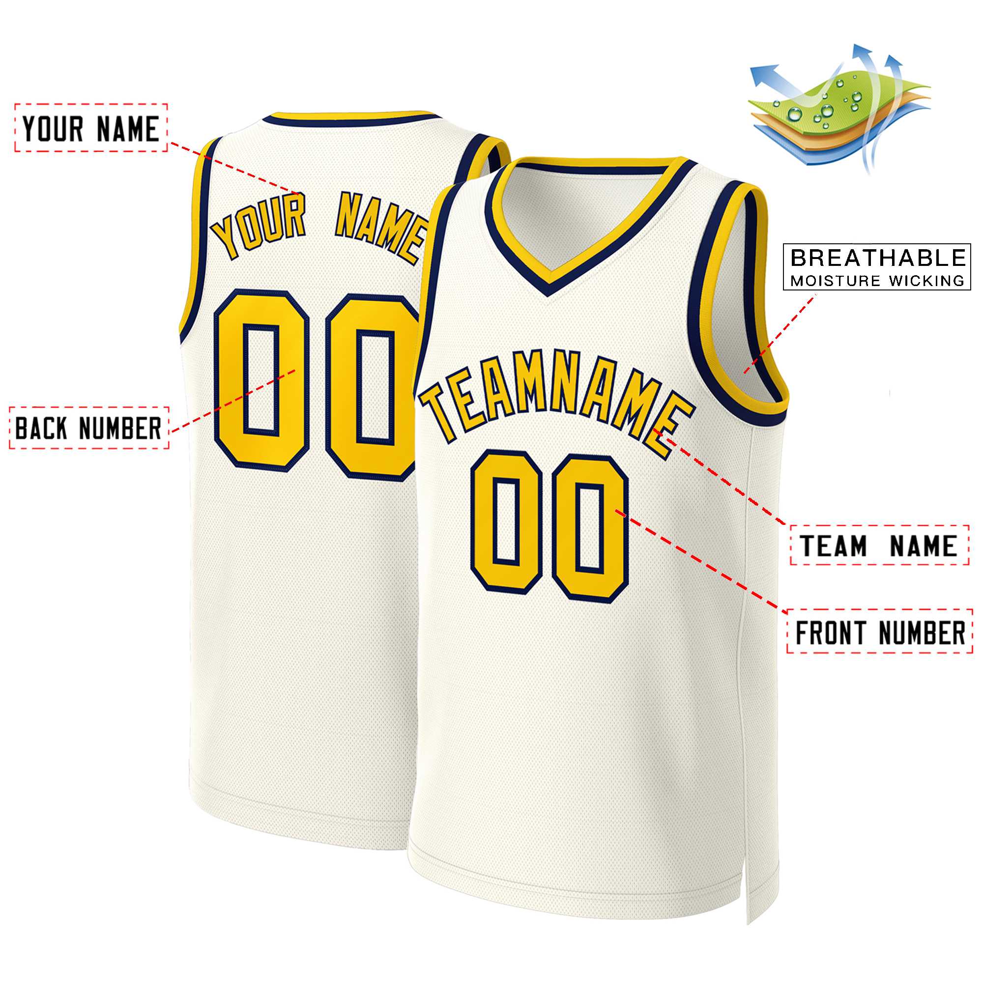 Maillot de basket-ball classique personnalisé kaki jaune-marine